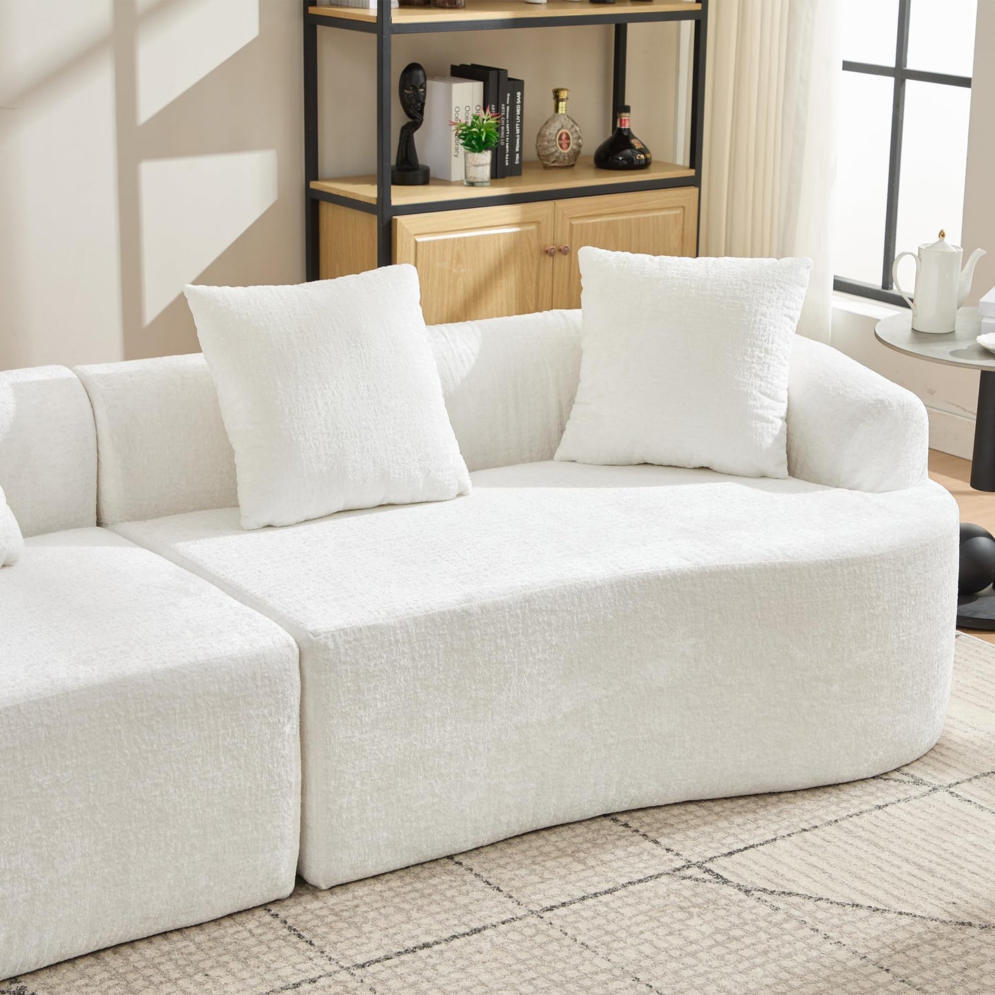 Sectional Sofa, Curved Cloud Sofa Couch, Chenille Full Sponge Chaise for Living Room, Apartment (Beige, 110 Inch)