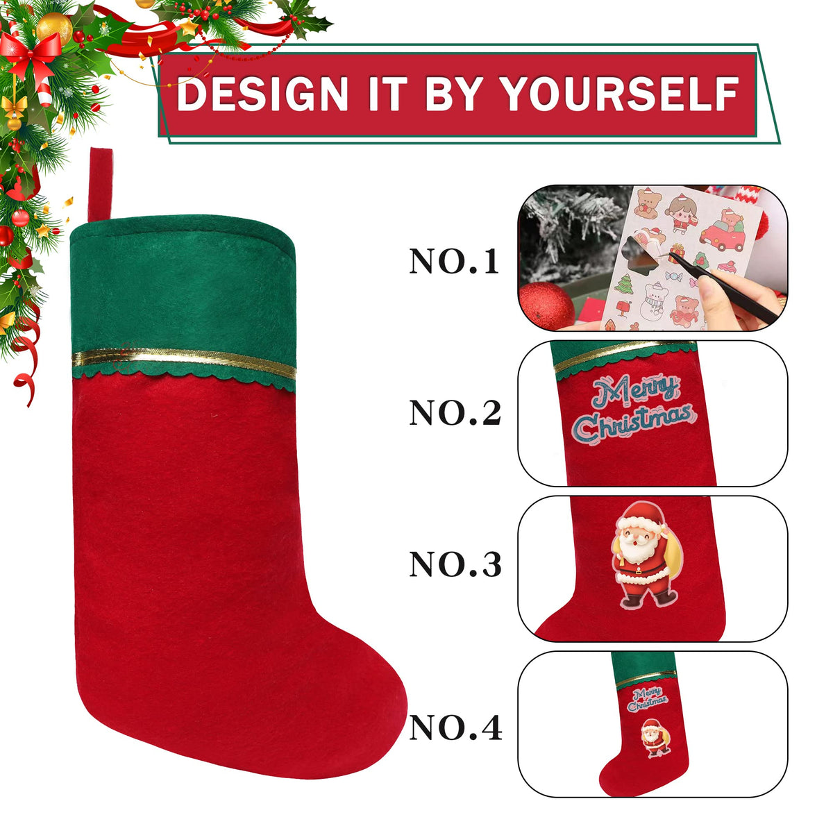 Tokforty 12 Pack Felt Christmas Stockings, 19 Inches Red and White Christmas Stockings Hanging Ornaments, White Cuff with Gold Trim Christmas Stockings for Family Christmas Holiday Decorations