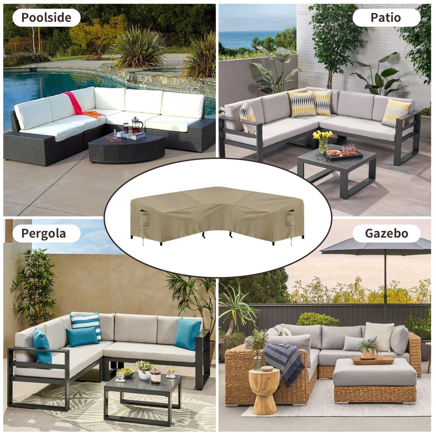 PureFit Outdoor Sectional Sofa Cover Waterproof V Shaped Patio Furniture Covers for Deck, Lawn and Backyard, 89”x89”, Camel