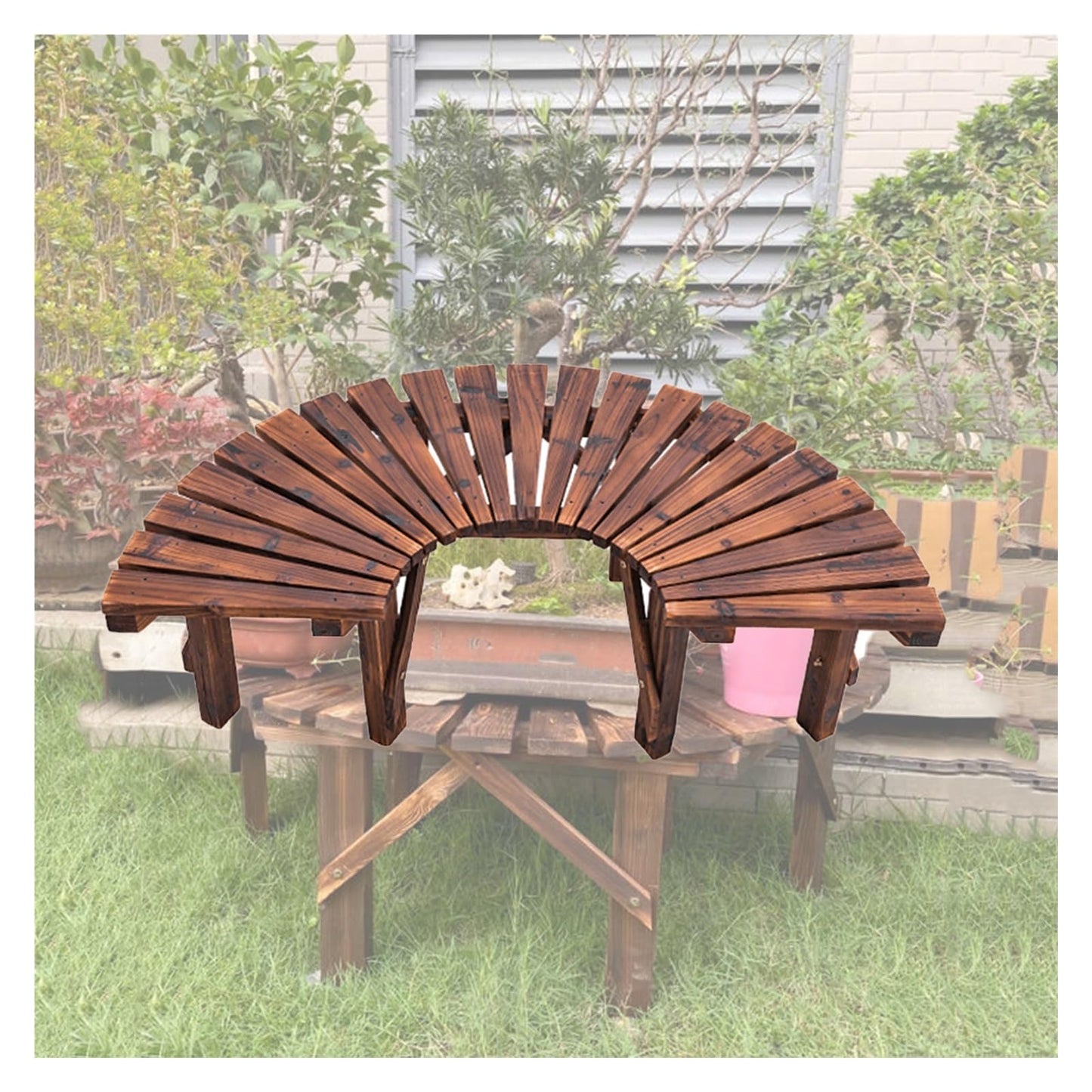 Curved Wooden Tree Bench - Space-Saving Semi-Circular Seating for Deck, Lawn, Garden, Poolside, Park, Courtyard & Patio - Elegant Outdoor Furniture