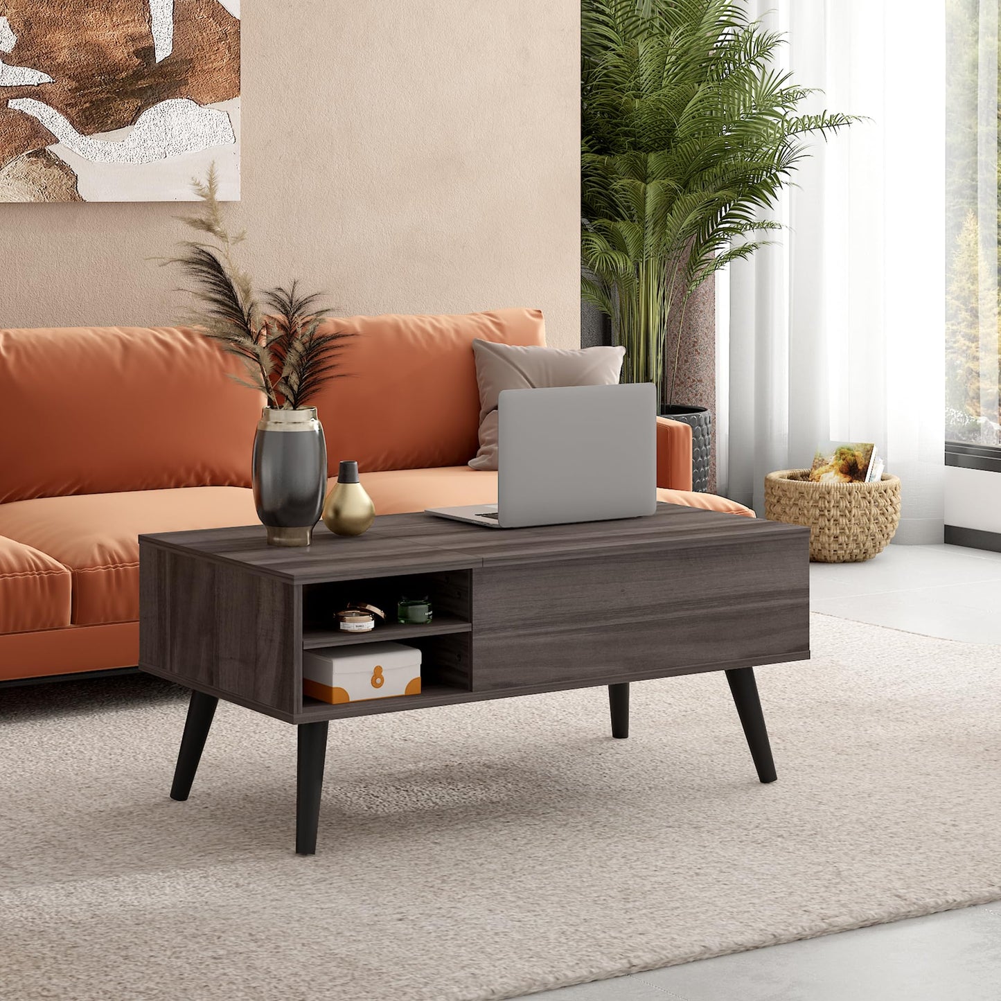 WLIVE Lift Top Coffee Table for Living Room, Small Coffee Table with Storage, Adjustable Shelf and Storage Compartment, Mid Century Modern Living Room Table, Wood, Grey