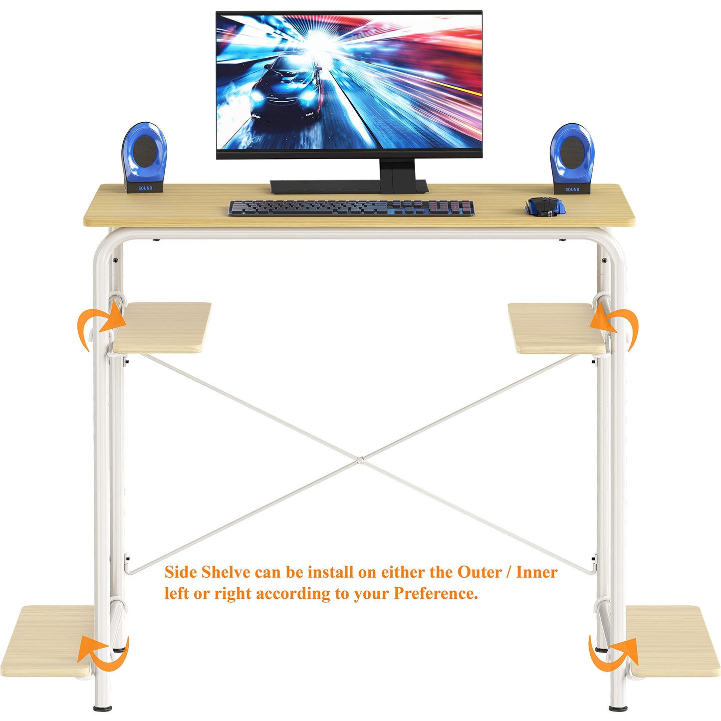 SHW Small Gaming Home Office Computer Desk with Shelf, Oak
