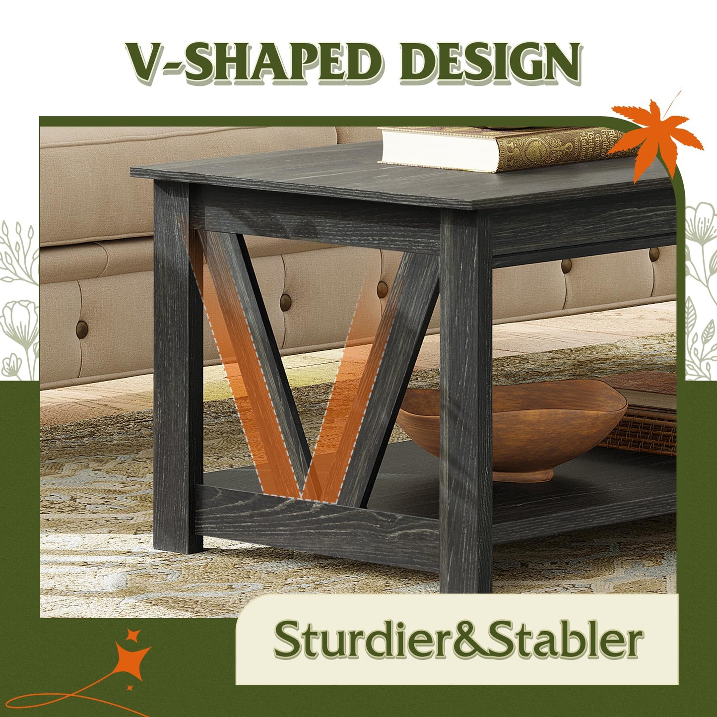 WLIVE Coffee Table, 43" Farmhouse Coffee Table with Storage Shelf & Sturdy V-Shaped Support, Wood Center Table for Living Room, Bedroom, Office and Balcony, Black