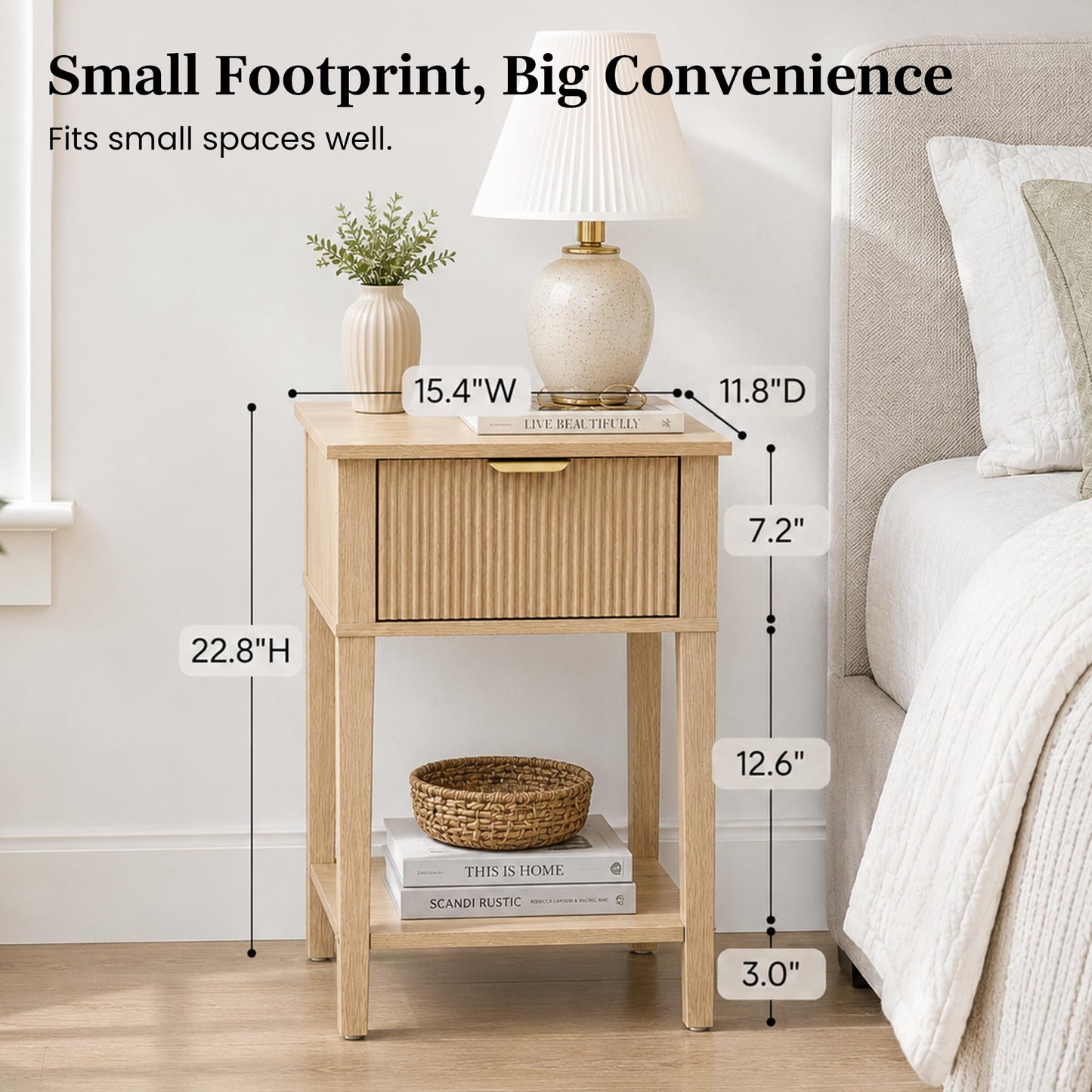 RIHHA Modern Fluted Small Wood Nightstand, 11.8" Deep x 15.4" Narrow Bedside Table with Drawer & Open Shelf, Boho Scandinavian Accent End Table for Bedroom & Sofa - Oak