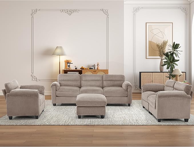 HAOMARKETS Corduroy Sofa Set, Upholstered Ottoman, and 3-Seater Couch