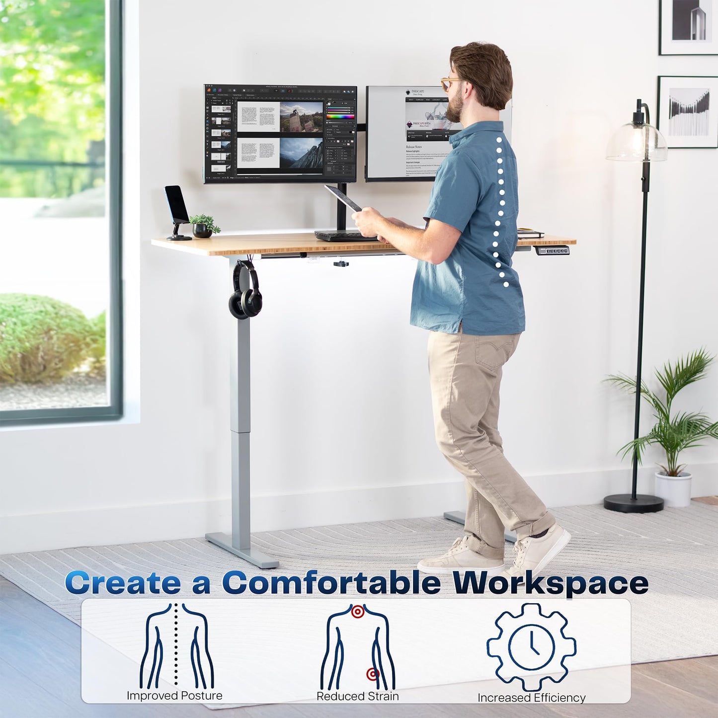 VIVO Electric 60 x 24 in Real Bamboo Standing Desk, Memory Height Adjustment, 1B Series, Holds 220 lbs, One-Piece Top, Gray Frame, DESK-KIT-1G6O