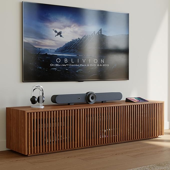 POVISON Full Assembled Mid Century Modern TV Stand, Wood Slatted Media Console