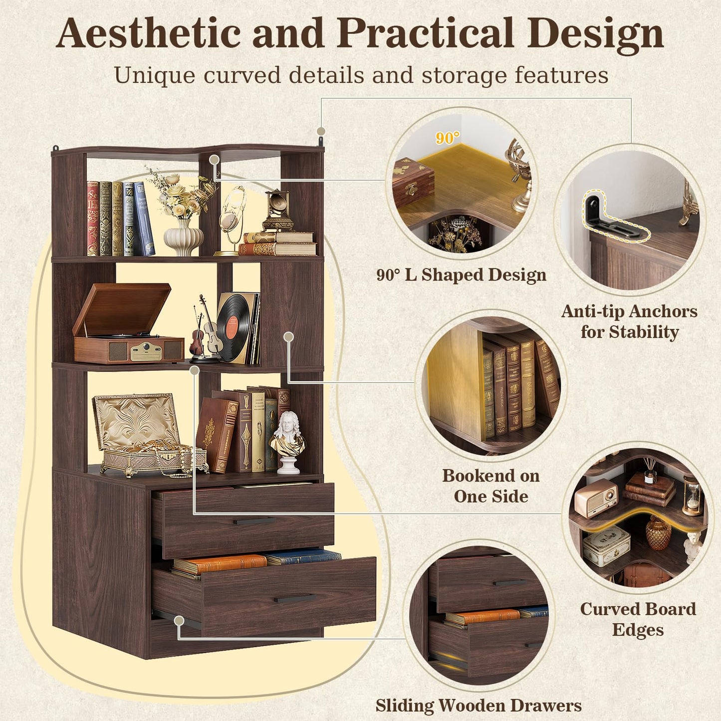Armocity Corner Bookshelf with Drawers, 6 Tier Corner Book Shelf Display Bookcase, Freestanding L Shaped Bookshelf for Bedroom, Living Room, Home Office, Black Walnut