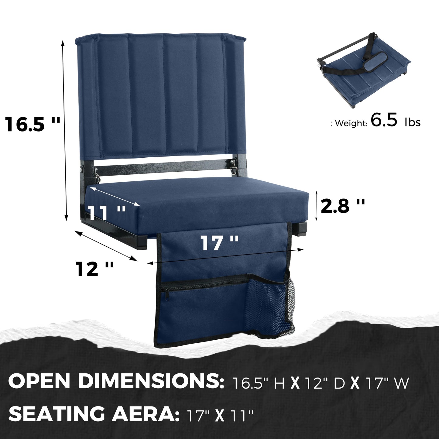 SPORT BEATS Stadium Seats with Back Support Bleacher Chairs with Back and Cushion Thick Padded Bleacher Seats Includes Shoulder Strap Navy Blue 1pc Standard