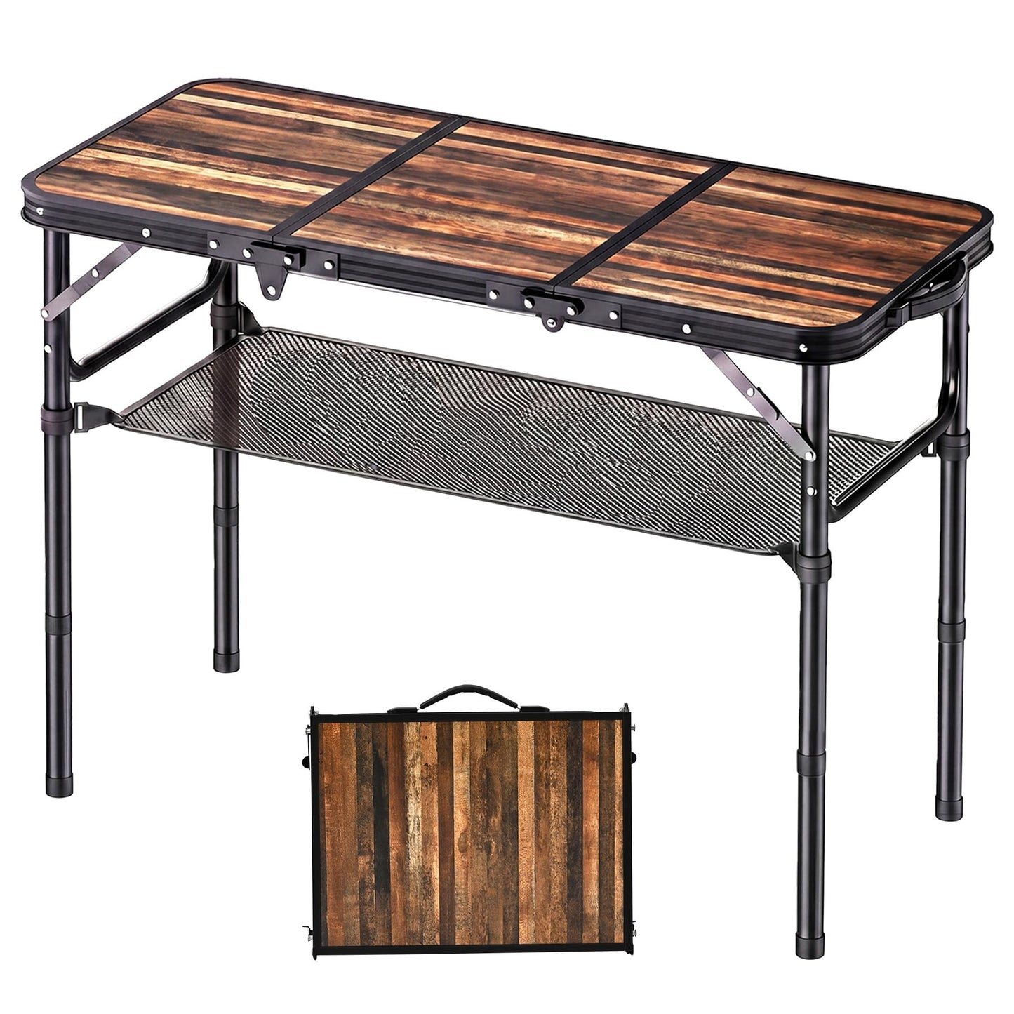 YihuiKo Folding Camping Table with Storage Net, Lightweight Portable Foldable Table with Adjustable Height Max 27.5 Inch Outdoor Table for Picnic Travel, Plank-Style Wood Grain