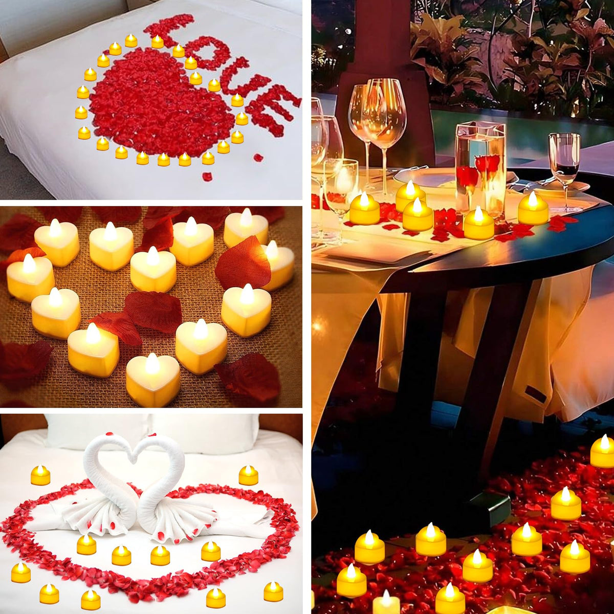 JMUQ 4000 Pieces Artificial Rose Petals with 48 Pieces Romantic Heart Led Tealight Candles, Rose Petals and Candles Set for Weddings Anniversaries Proposals Decor(Warm White Light)