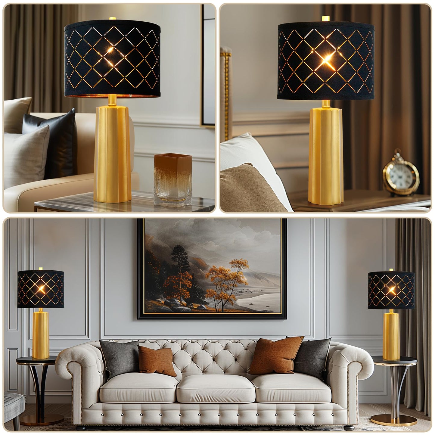 RORIANO Set of 2 Modern Table Lamps for Living Room Bedroom, Gold Nightstand Resin Lamps with Black Grid Shade, Contemporary Desk Lamps for Bedside End Tables, 2 Bulbs Included (Gold)