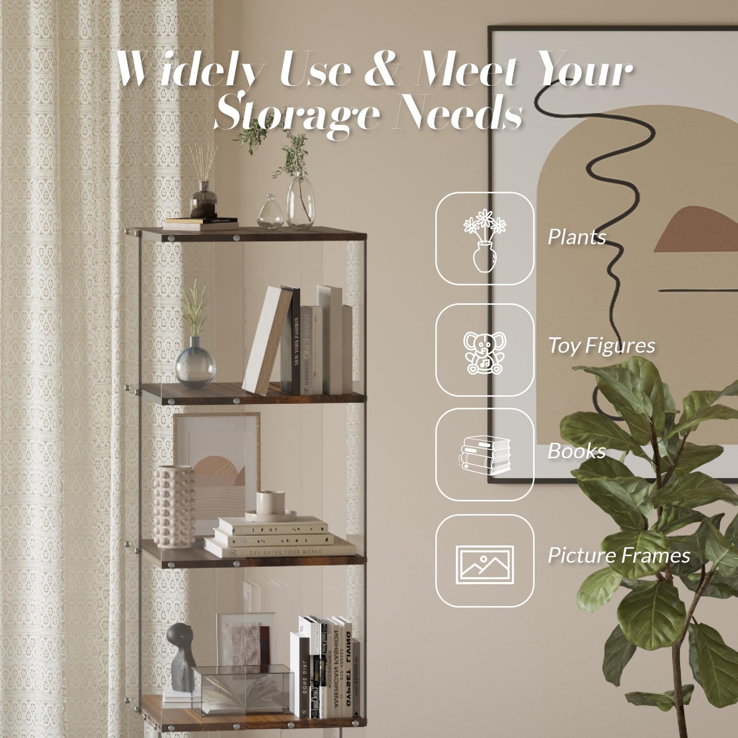Sttoraboks 4 Tier Display Cabinet, Bookshelf, Bookcase, Display Shelf with Wheels, Floor Standing Curio Cabinet, Book Shelf with Acrylic and Wood, Display Case Trophy Case for Living Room Study