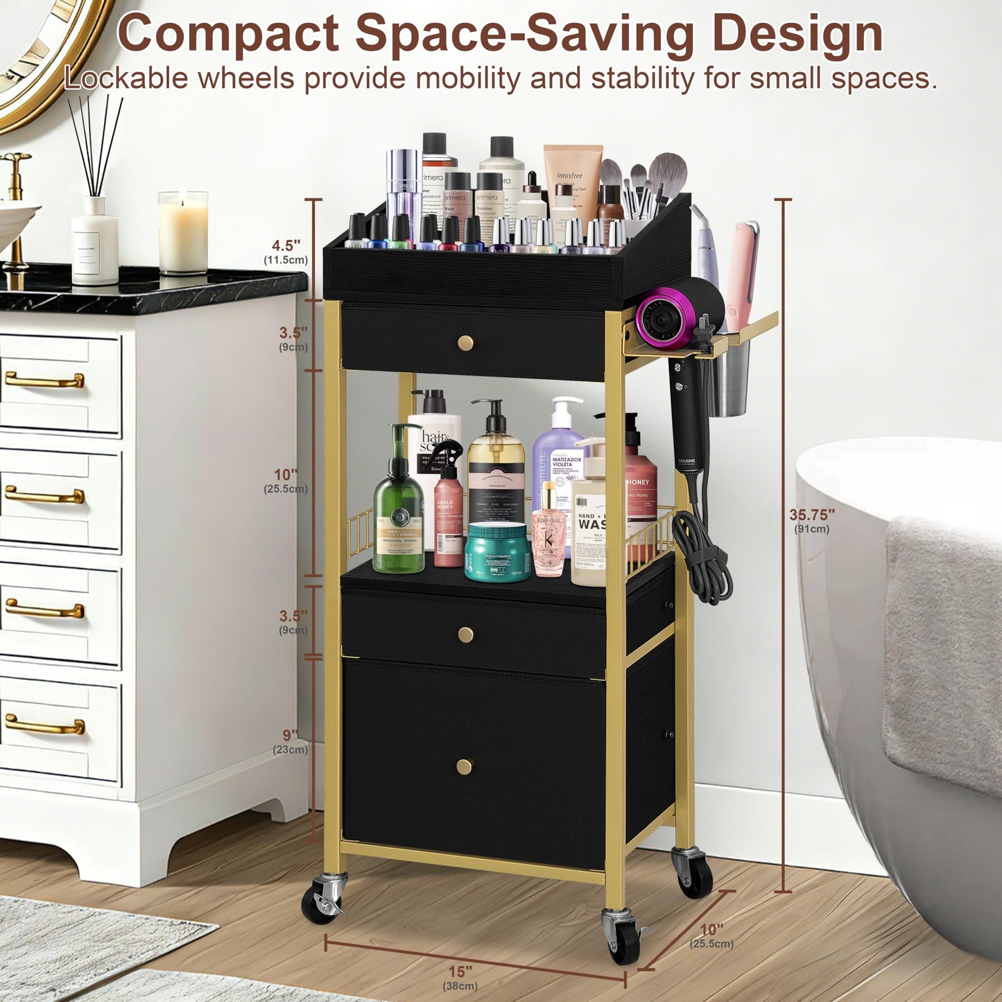 NauwaBarn Makeup Organizer Cart with 3 Drawers, Rolling Vanity Organizer with Detachable Hair Tool Holder & Wheels, Floor Makeup Storage Cart for Skincare, Perfume, Nail Polish, Gold & Black