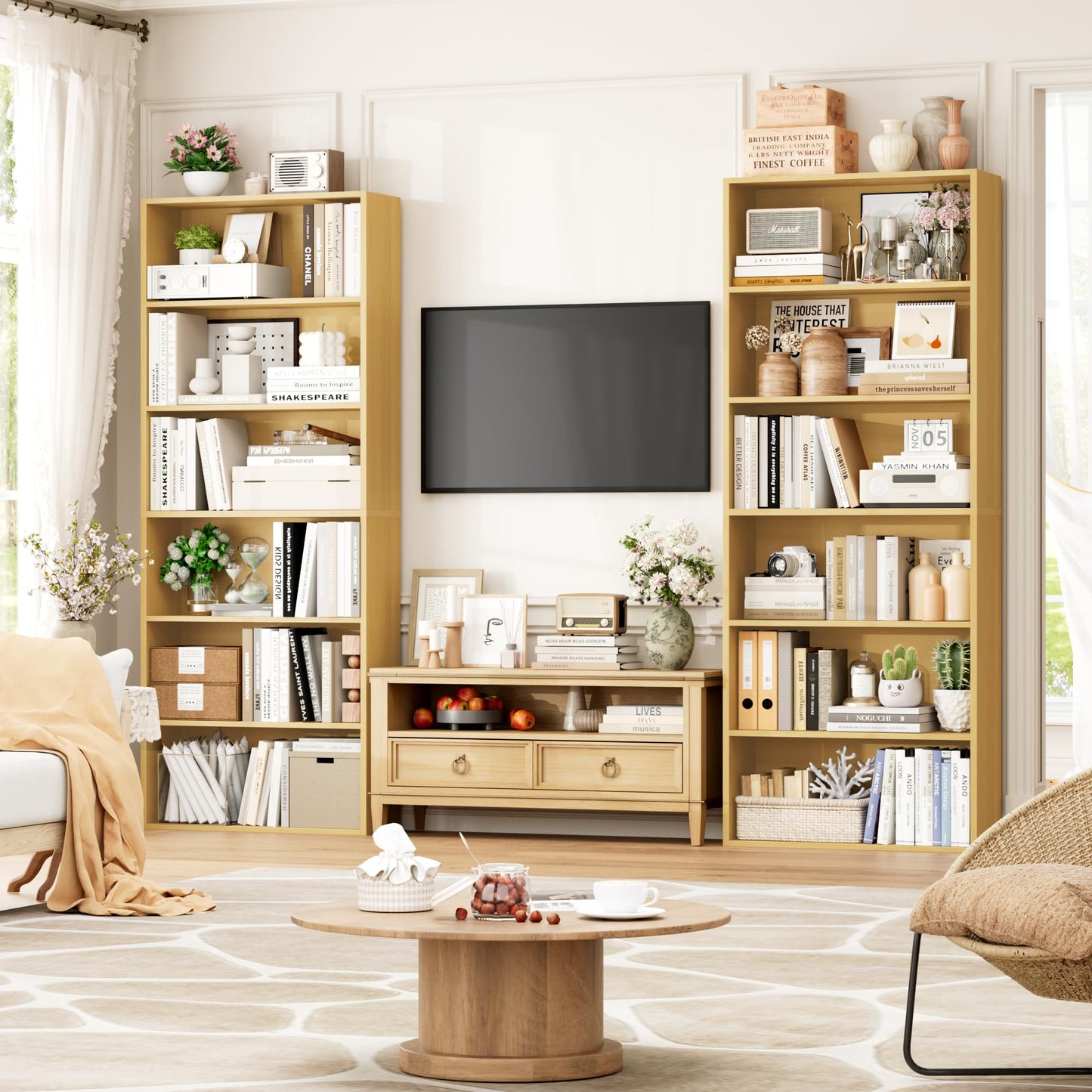 FOTOSOK 6-Tier Open Bookcase and Bookshelf Set of 2, Freestanding Display Storage Shelves Tall Bookcase for Bedroom, Living Room and Office, Natural