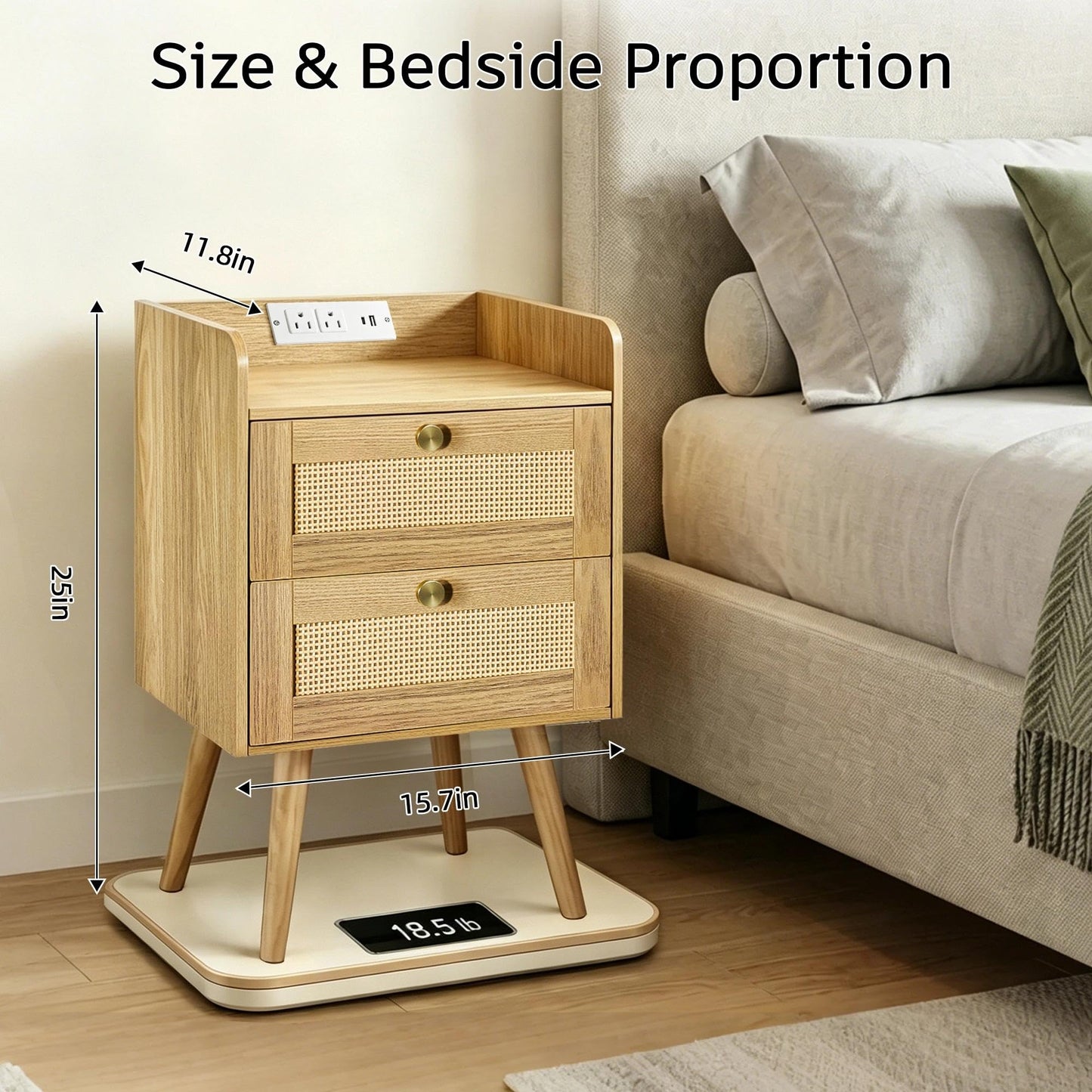 Nightstands Set of 2 with Charging Station, Modern Boho Rattan Bedside Tables with 2 Drawers,Open Storage End Tables for Bedroom, Small Spaces and Dorm, Solid Wood Legs,Natural