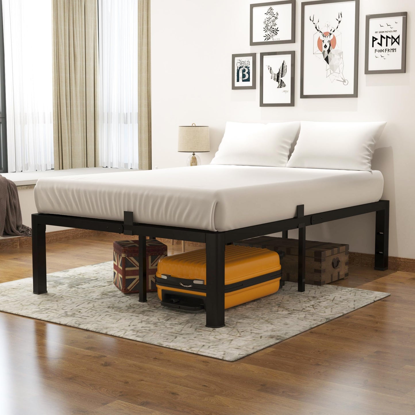yookare Full Platform Bed Frame,14" Heavy Duty Metal Mattress Foundation, Rounded Safety Corners & Recessed Legs,Mattress Retainers,Easy Assembly,Noise Free Steel Slat Support,No Box Spring Needed