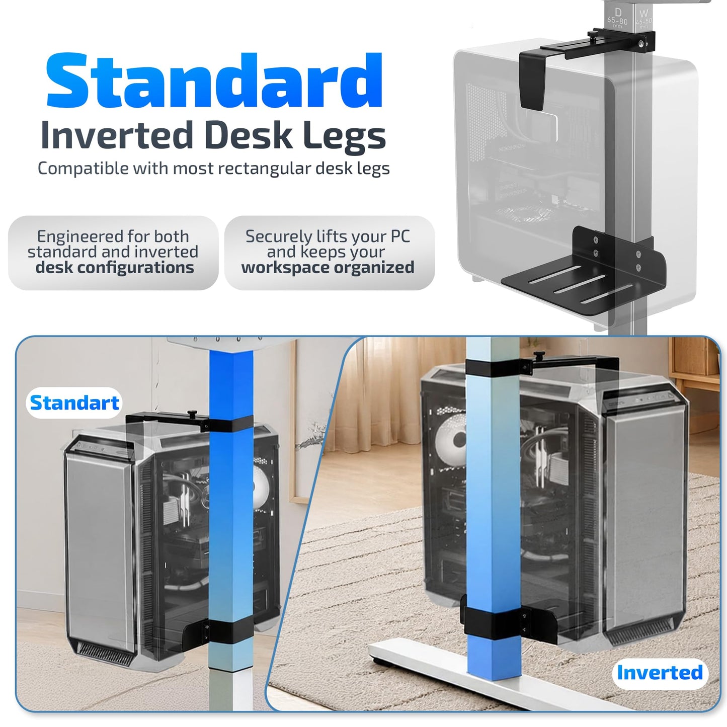 DEHAGLOBAL Clamp Mount Under Desk Pc Mount, Adjustable Height and Width No Drilling 50 lb Capacity with Non-Slip Pads & Cable Organizer for Standing Desk (Black, 75mmx45mm)