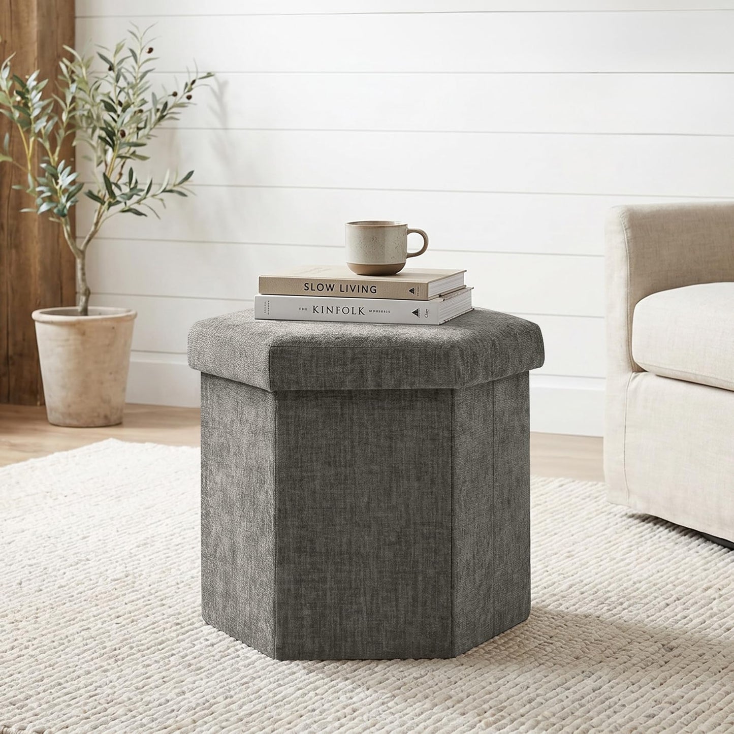 ZOLANOful Hexagon Storage Ottoman, Foldable Chenille FootRest with Hidden Storage, Small Ottoman Footstool for Living Room, Bedroom, Dorm, Entryway, 15 x 16.9 x 15 Inches, Grey