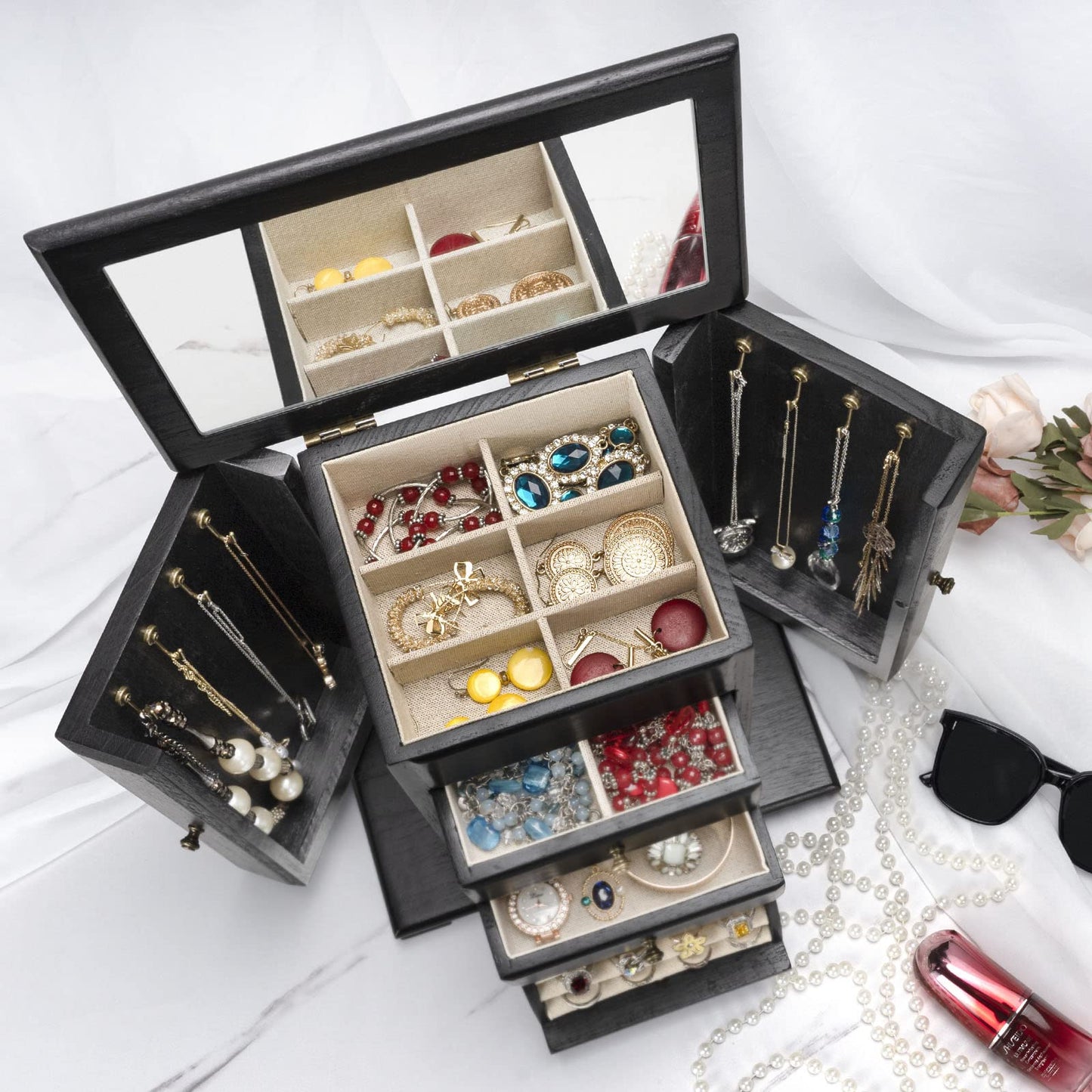 Emfogo Jewelry Box for Women, Rustic Wooden Jewelry Boxes & Organizers with Mirror, 4 Layer Jewelry Organizer Box Display for Rings Earrings Necklaces Bracelets (Black)