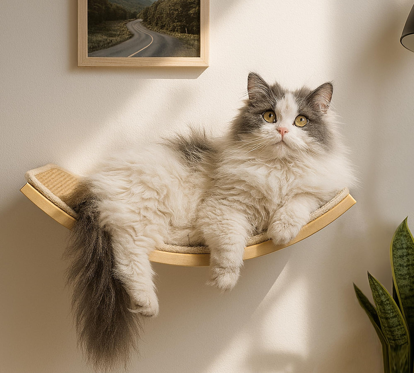 Curved Cat Wall Hammock with Scratchable Sisal Pad, Large Floating Cat Shelf for Wall, Wall Mounted Beige Bed for Playing, Climbing, and Sleeping