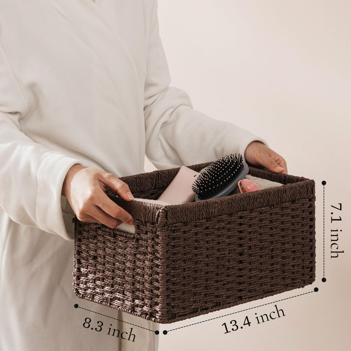 UBBCARE 2 Pack Wicker Basket, 13.4L×8.3H×7.1W inch Woven Paper Rope Storage Baskets for shelves, Foldable Rectangular Storage Baskets with Handle, Storage Basket for Organizing, Dark Brown