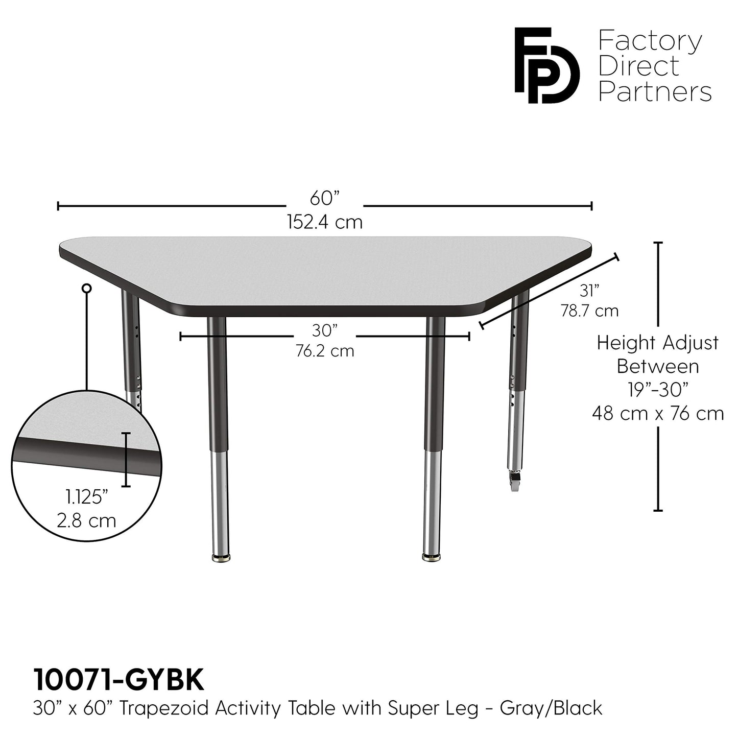 FDP Mobile Trapezoid Activity School and Office Table (30 x 60 inch), Super Legs with Glides and Casters for Collaborative Environments, Adjustable Height 19-30 inches - Gray Top and Black Edge