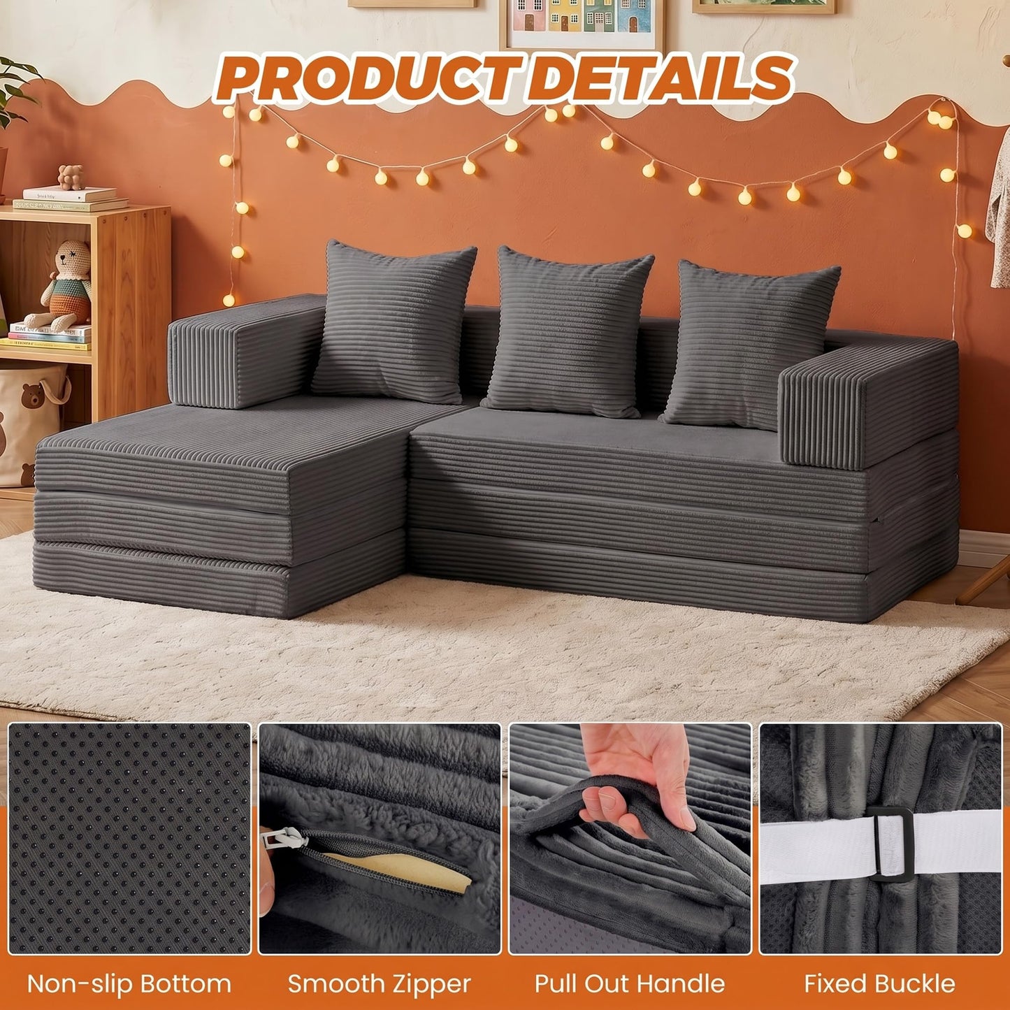 feliz home 6-in-1 Tri-Folding Mattress | Cloud Boneless L-Shaped Modular Sectional Couches | Corduroy Pet-Friendly Convertible Futon Sofa Bed with 800LB Capacity Apartment, Guest Room, Game Room