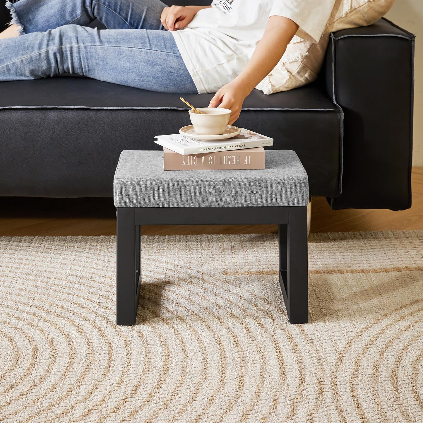 IBUYKE 16 Inch Small Foot Stool Ottoman, Rectangle Linen Foot Rest with Padded Seat and Metal Legs, Modern Ottoman Foot Rest for Living Room Bedroom Entryway Couch, Grey-Blue WBD001L