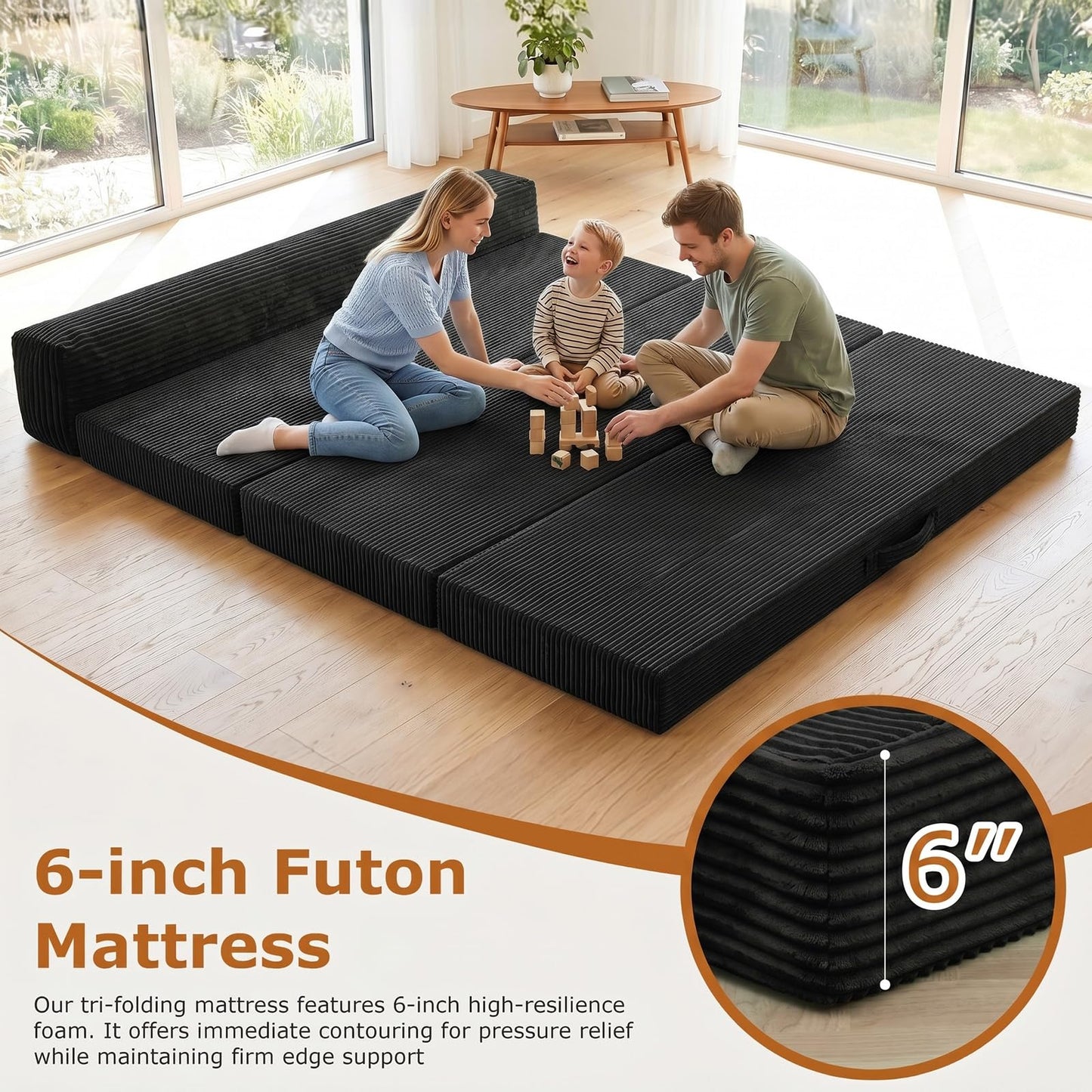 JUIKURY 5 in 1 Foldable Floor Sofa Bed, Tri-Fold Memory Foam Futon Mattress, Convertible Sleeper Couch Guest Bed, Portable Fold Out Sofa Couch for Living Room Apartment Office Guest Room