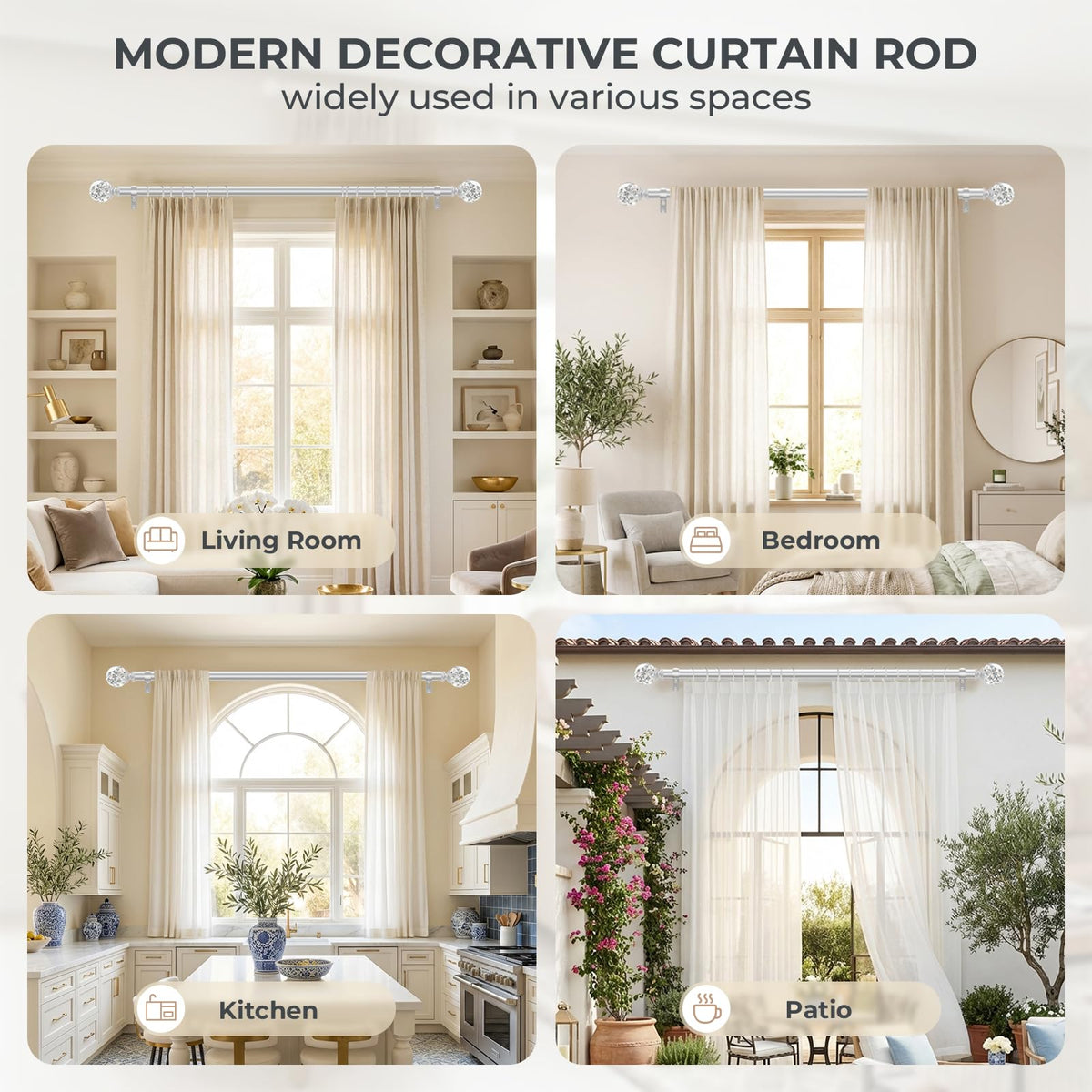 TVWOO Silver Decorative Crystal Curtain Rods:36-88 Inch Heavy Duty Adjustable Window Curtains Rods for Bedroom Living Room,Nickel Modern Girly Acrylic Drapery Rods Set with Sheer Bling Foil Finials