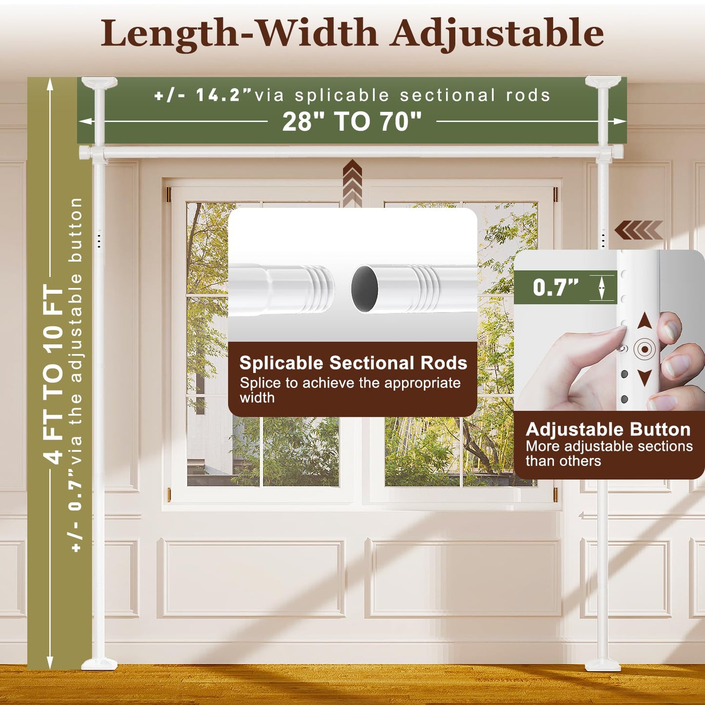 Goovilla Room Divider for Room Separation, Tension Curtain Rods No Drilling, 4-10ft(H) 28-70inch(W) Adjustable Temporary Privacy Wall Divider, Heavy Duty Freestanding Space Partition Separator, White