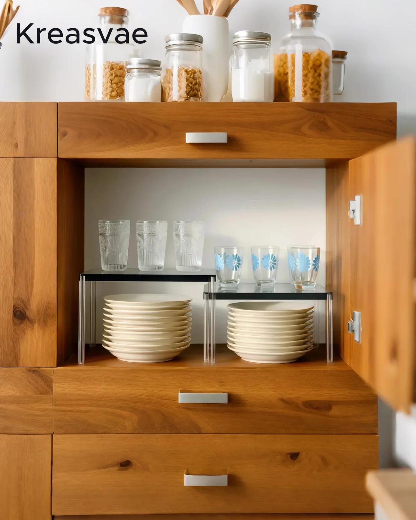 Kreasvae Cabinet Organizer Acrylic Spice Rack, 4 Pack Stackable Shelf Riser for Kitchen Pantry Countertop, Expandable Storage Organizer for Bathroom Office