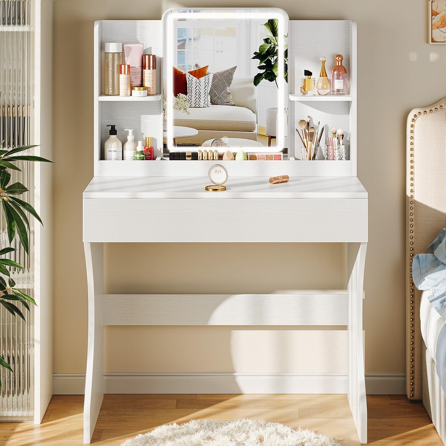 Driftalia Small Vanity Desk with Mirror and Lights, Makeup Vanity with Storage Drawer, 2 Shelves and 3 Compartments - White