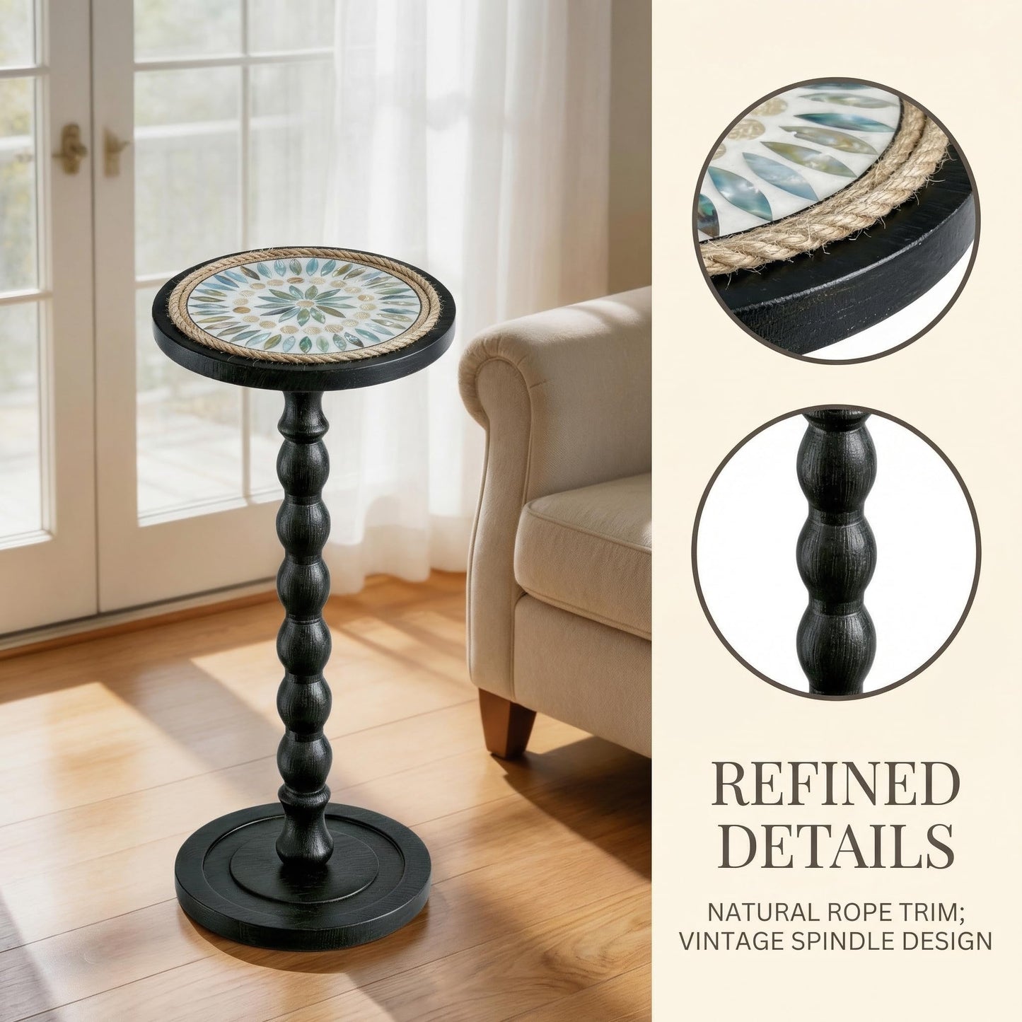 WALNDUX Round Side Table, Small Drink Table for Small Spaces, Rustic Accent Nightstand with Solid Wood Leg for Living Room, Bedroom, Corners, and Office, Handcrafted Finish (Black)