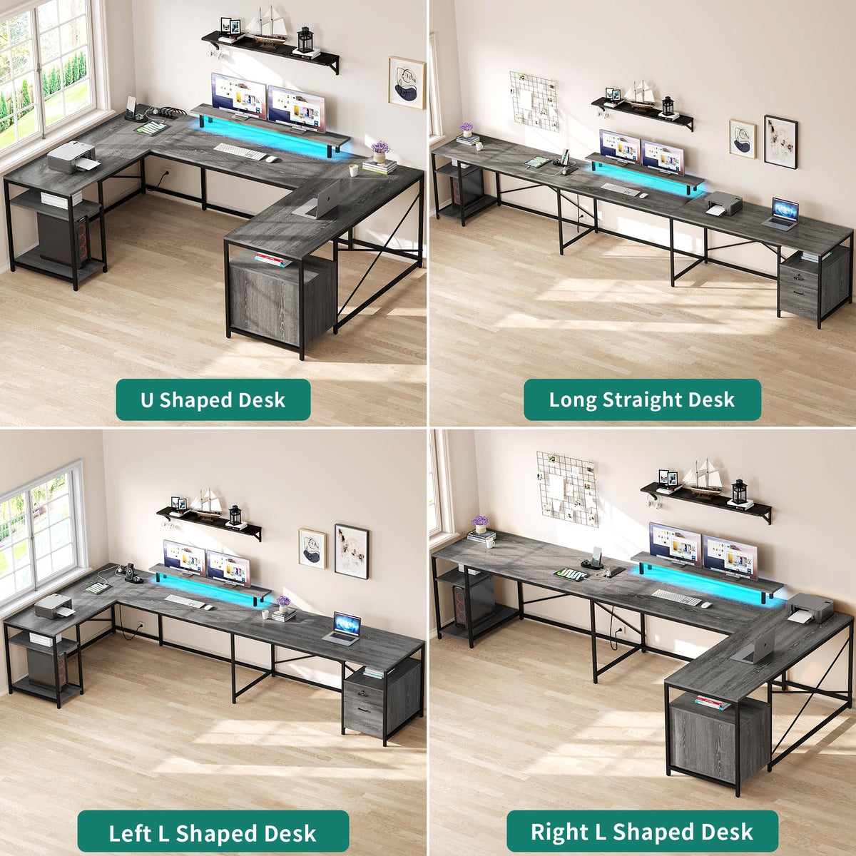 YITAHOME U Shaped Desk with Power Outlets & LED Lights, 79" Reversible L Shaped Desk with Drawers, Corner Computer Desk Office Desk with Monitor Stand & Storage Shelves, Grey