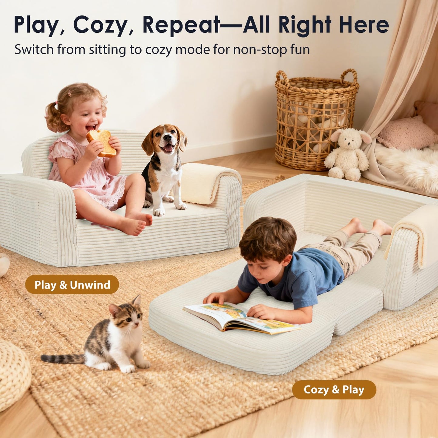 Foryoomi Extra Wide 2 in 1 Convertible Toddler Kids Couch - Corduroy Fold Out Kids Sofa Chair with Blanket, Comfy Comfortable Toddler Chair, Machine-Washable Cover, for Boys Girls, Cream