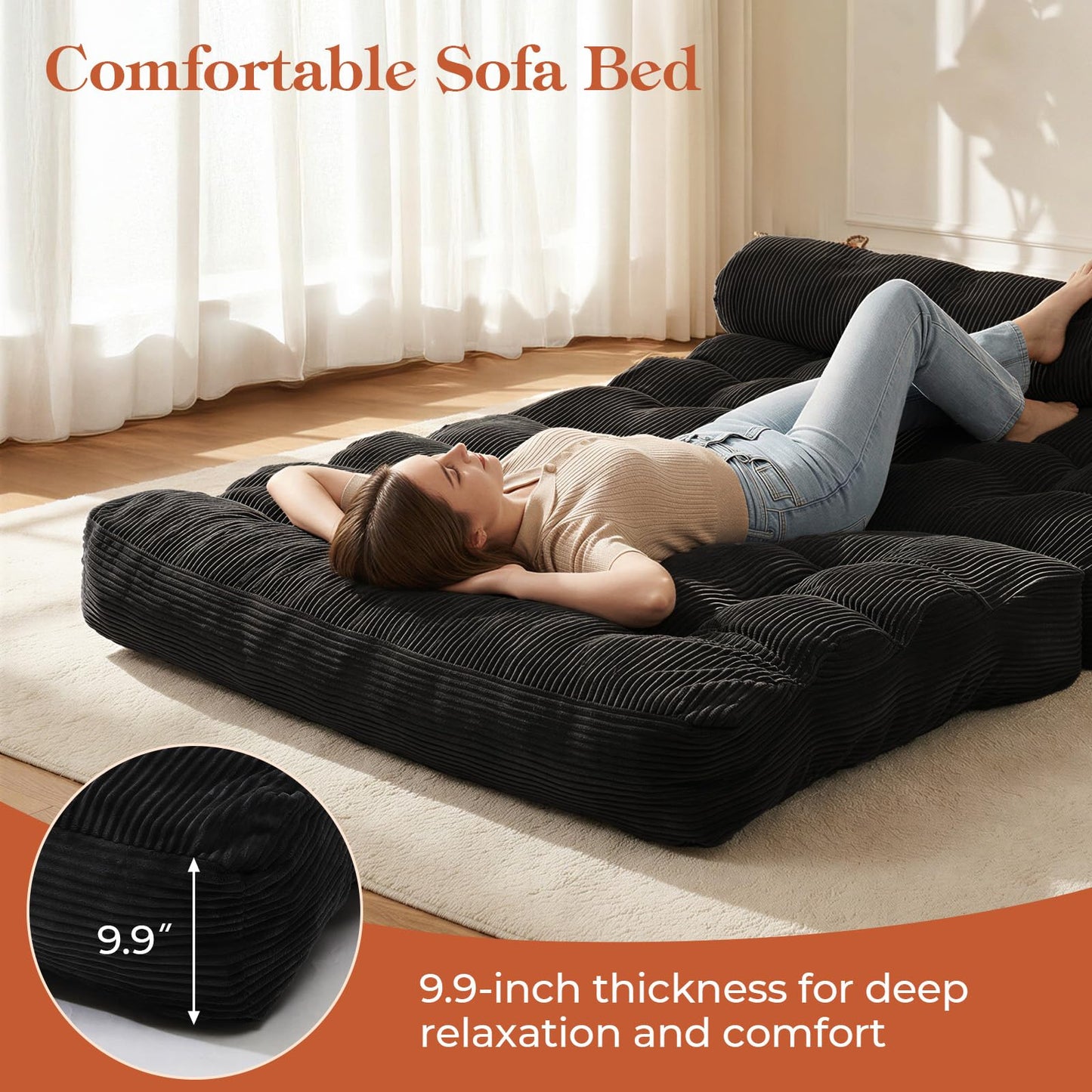 Vellorise Folding Sofa Bed, Convertible Sleeper Chair with Back Support and Pillow Futon, Boneless Matress, for Living Room/Guest Use/Home Office, Foldable Chair Bed for Adults, Black, Full