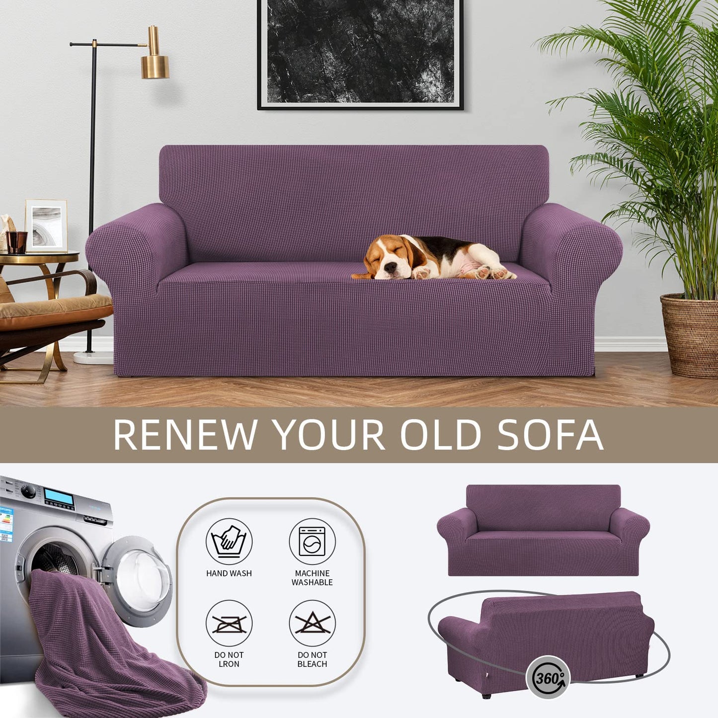 KEKUOU Stretch Loveseat Sofa Cover Slipcover,Couch Covers for 2 Cushion Couch Sofa (55"-78") Furniture Protector Sofa with Elastic Bottom for Kids,Dog. Jacquard Small Checked (Medium,Dark Purple)
