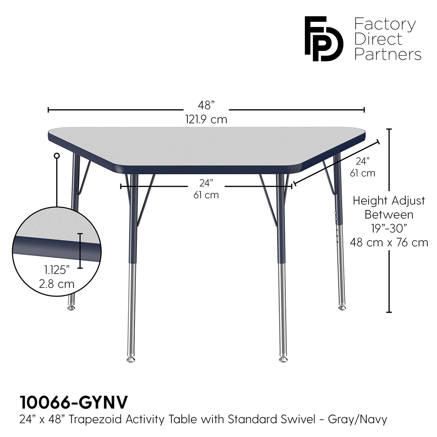FDP Trapezoid Activity School and Office Table (24 x 48 inch), Standard Legs with Swivel Glides for Collaborative Seating Environments, Adjustable Height 19-30 inches - Gray Top and Navy Edge