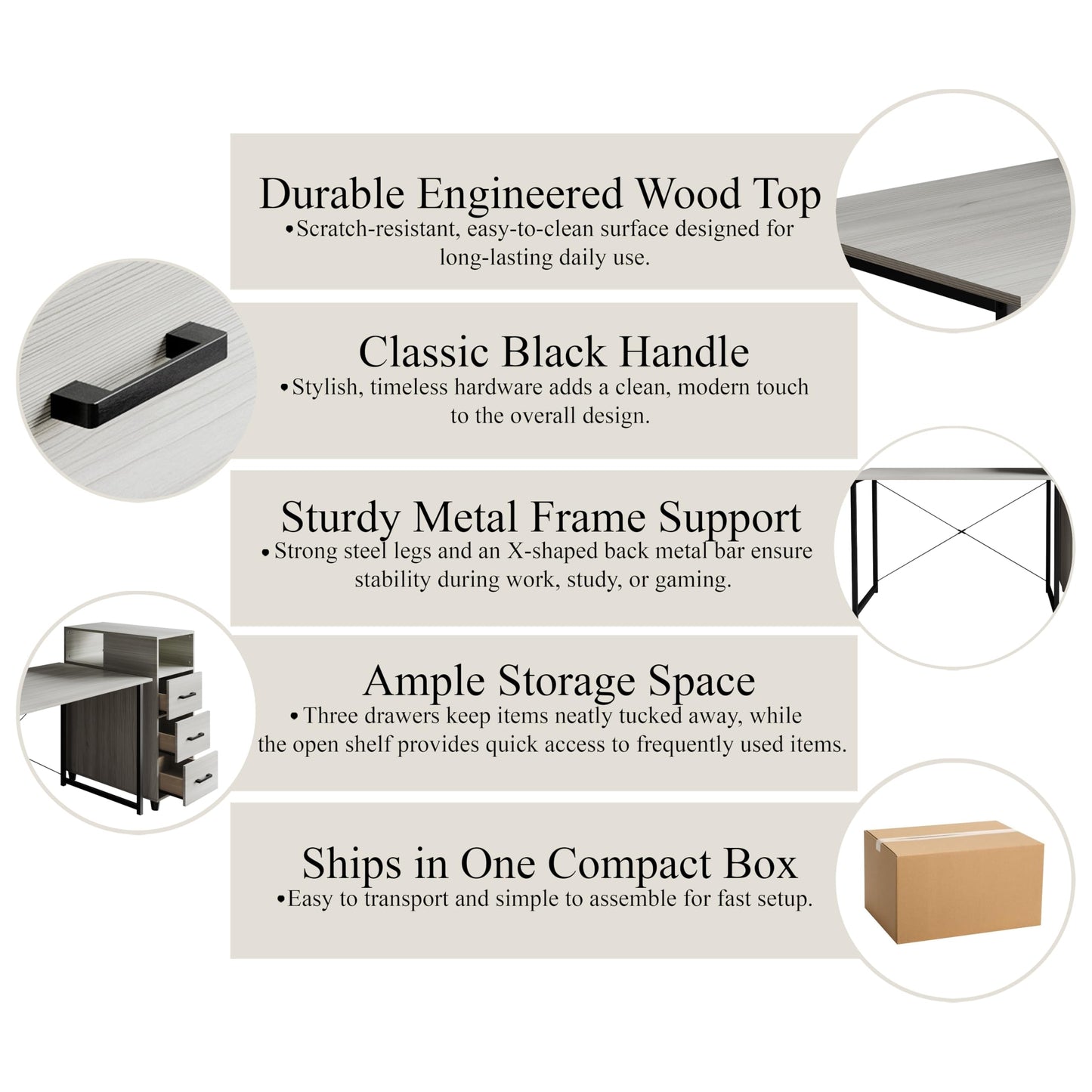 Castle Place Wooden Writing Desk with Sturdy Metal Frame, Movable Side Cabinet and 3 Drawers, Light Grey