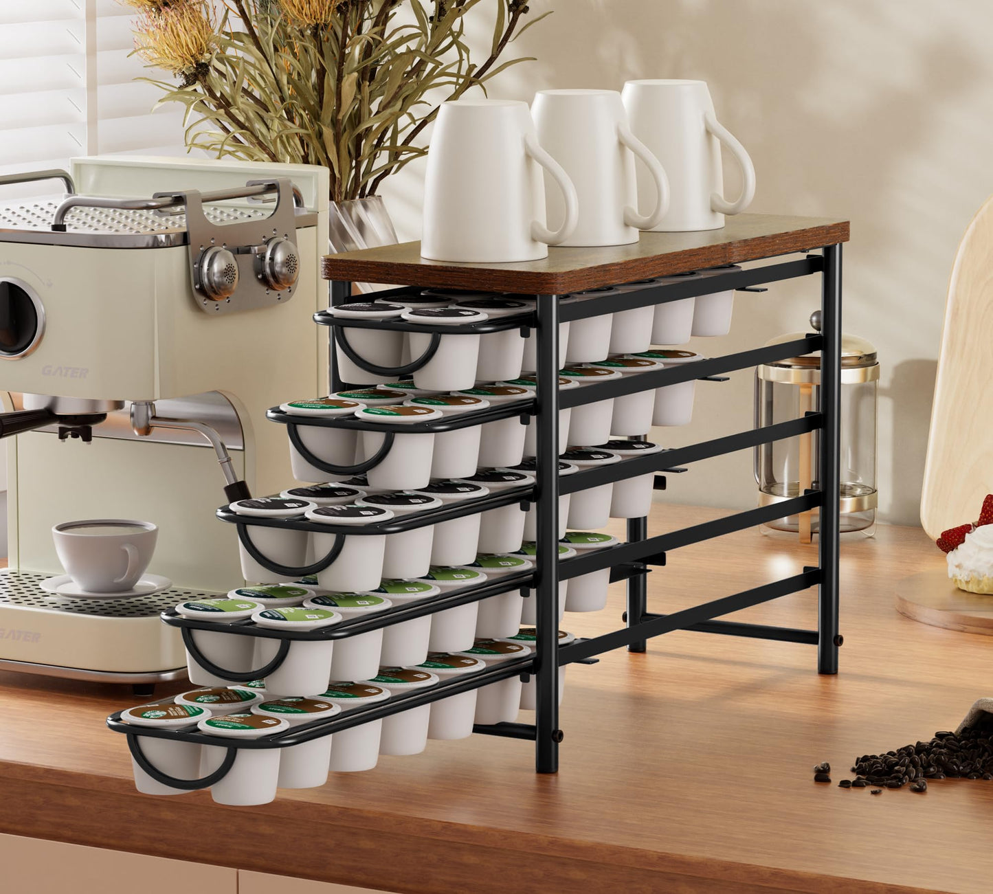 HFHOME Coffee Pod Holder with Wooden Top, Compatible with K-Cups, 5-Tier Coffee Capsule Storage Drawer, 70 Capacity Pods Organizer with 3 Mug Holders, for Home, Office, Kitchen Counter, Black