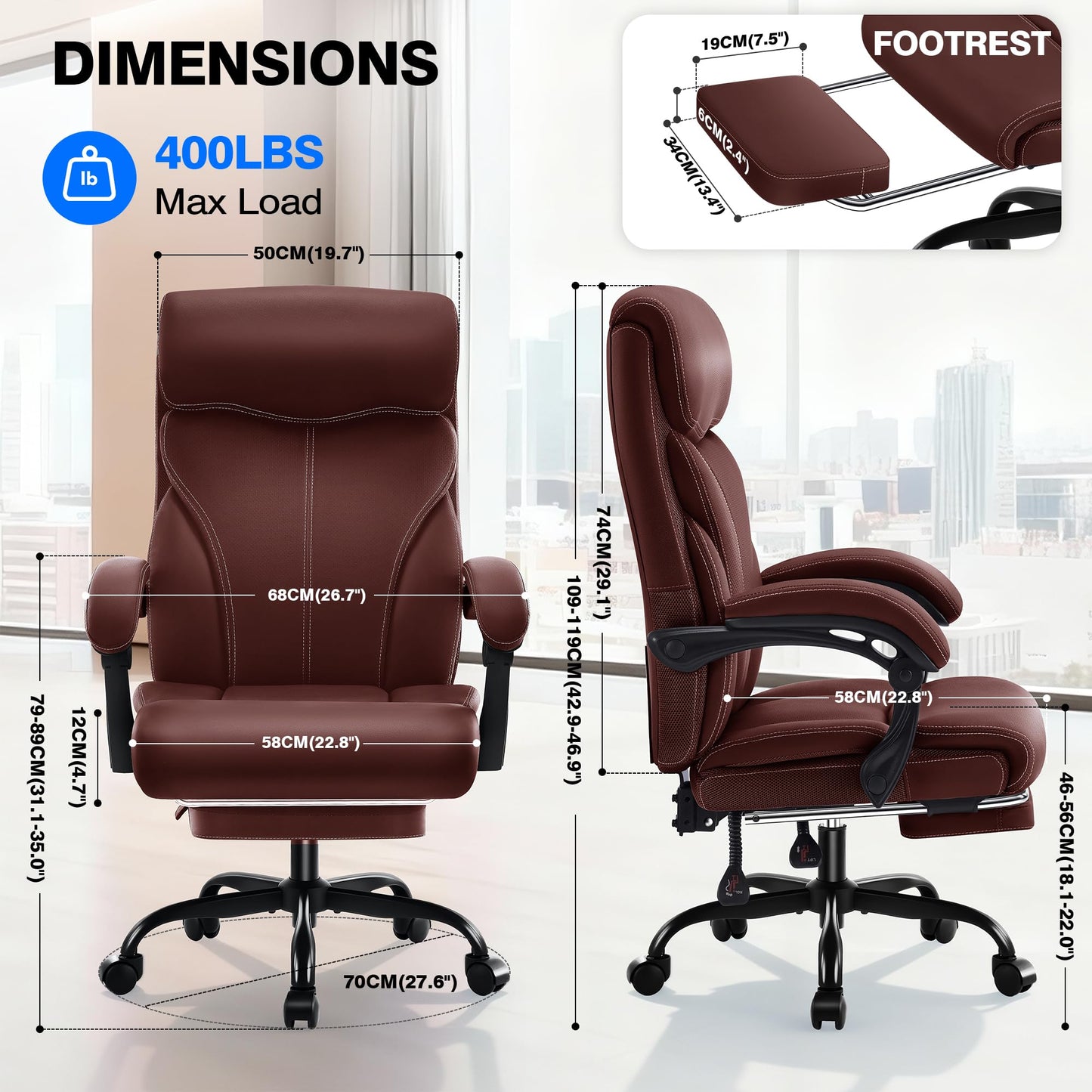 AreShark Office Chair - Ergonomic Comfortable High Back Computer Desk Chair with Foot Rest - Executive Breathable Swivel Rolling Reclining Leather Chair with Lumbar Support for Home Gaming Relaxing