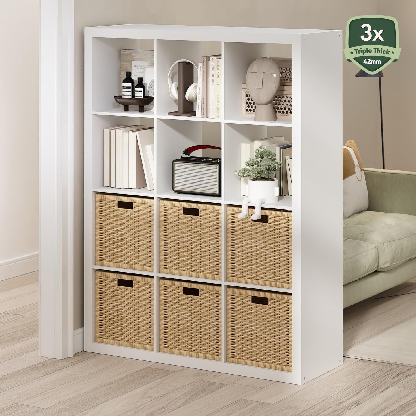 Furinno Cubicle Book Shelf, 12-Cube Bookshelf, Triple Thick Frame Cube Storage Organizer, 1.65" Thick Bookcase, 15.4" x 57.4" x 43.4", for Home Office, Living Room, Plain White