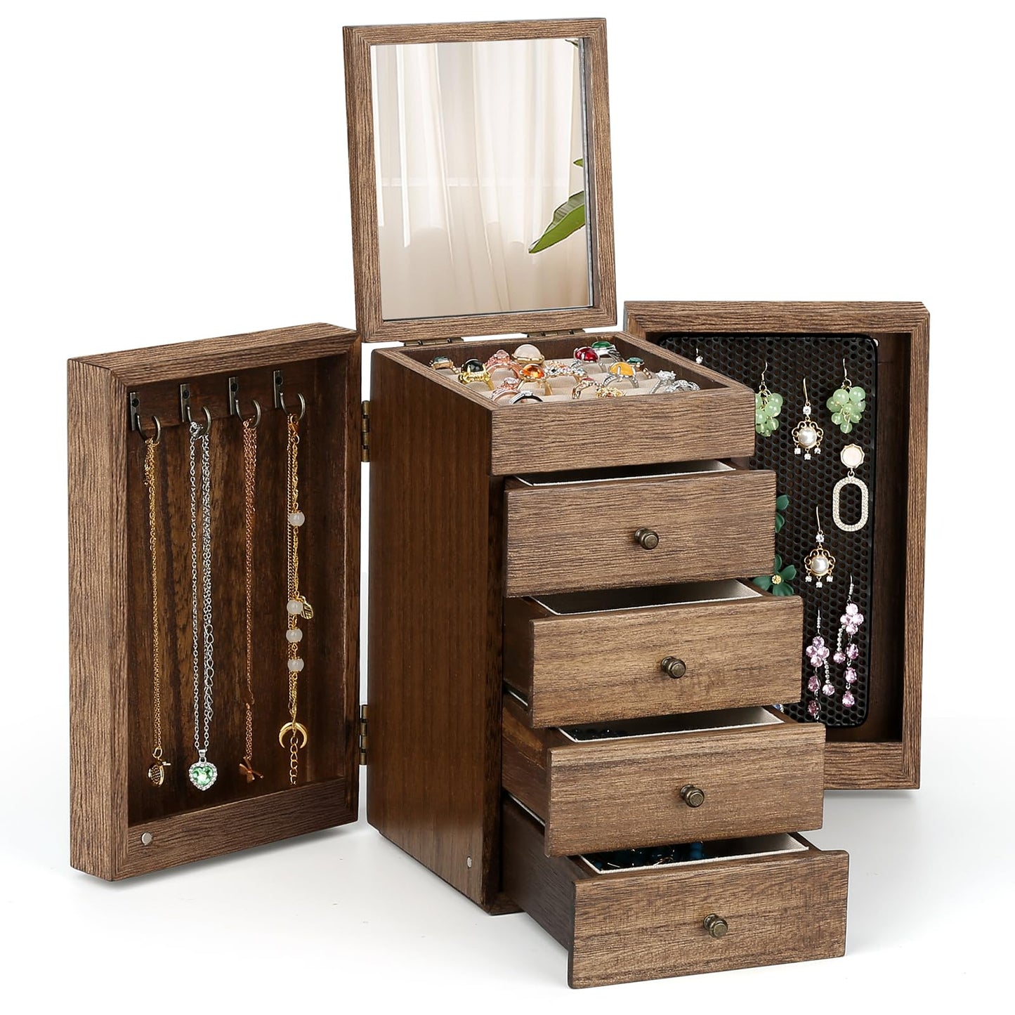 Meangood Jewelry Box Wood for Wowen, 5-Layer Large Organizer Box with Mirror & 4 Drawers for Rings, Earrings, Necklaces, Walnut
