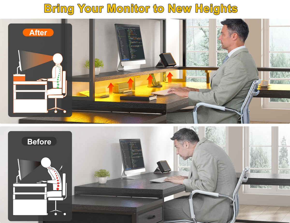 EnHomee104''Gaming Desk with Hutch and Drawers, Reversible L Shaped Desk with Power Outlet & Monitor Stand & LED Lights, Computer Corner Desk, Two Person Desk of 3 monitors for Living,Gaming,Black