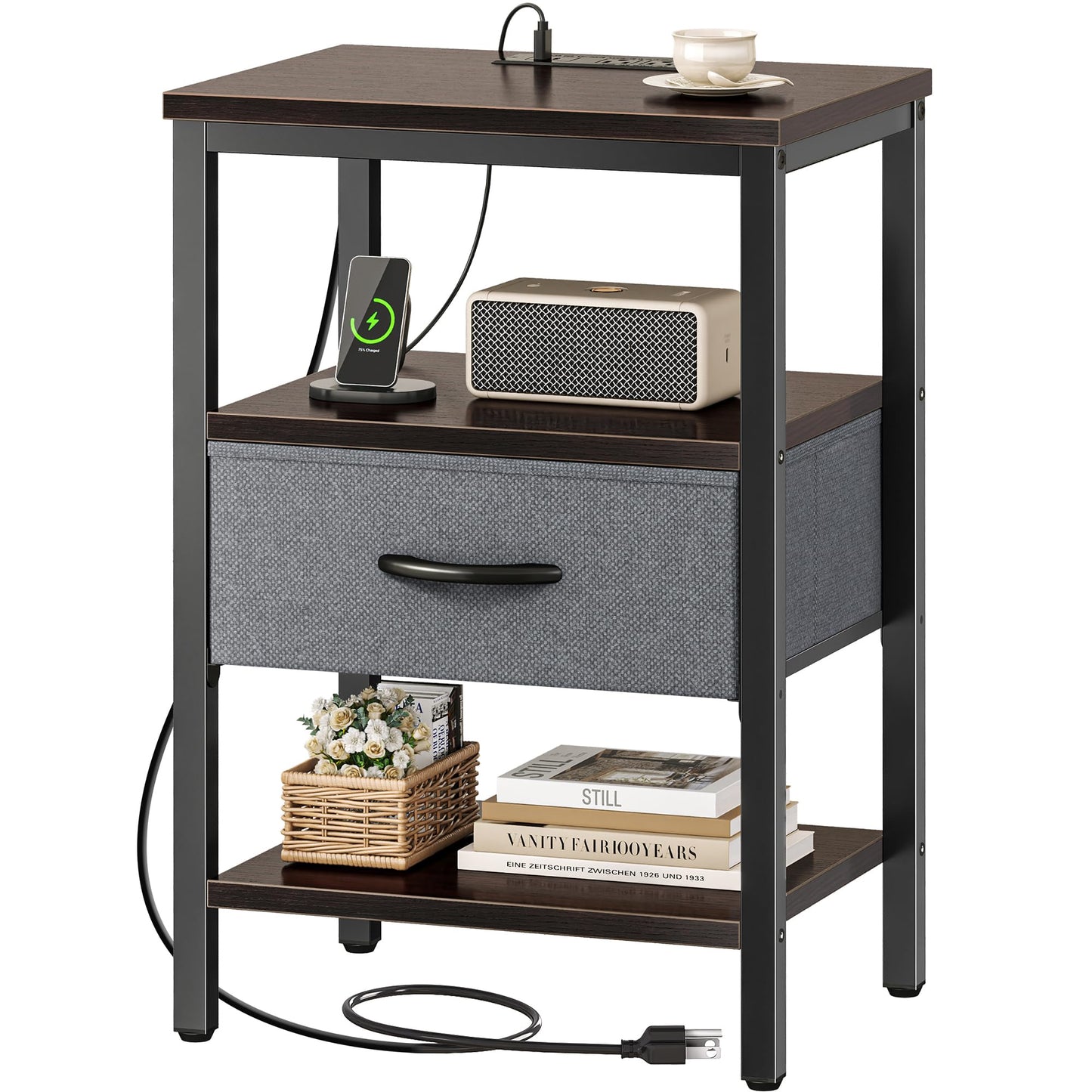 SUPERJARE Nightstand with Charging Station, Bed Side Table with Adjustable Fabric Drawer, Night Stand for Bedroom, 3-Tier Storage End Table, for Living Room - Walnut