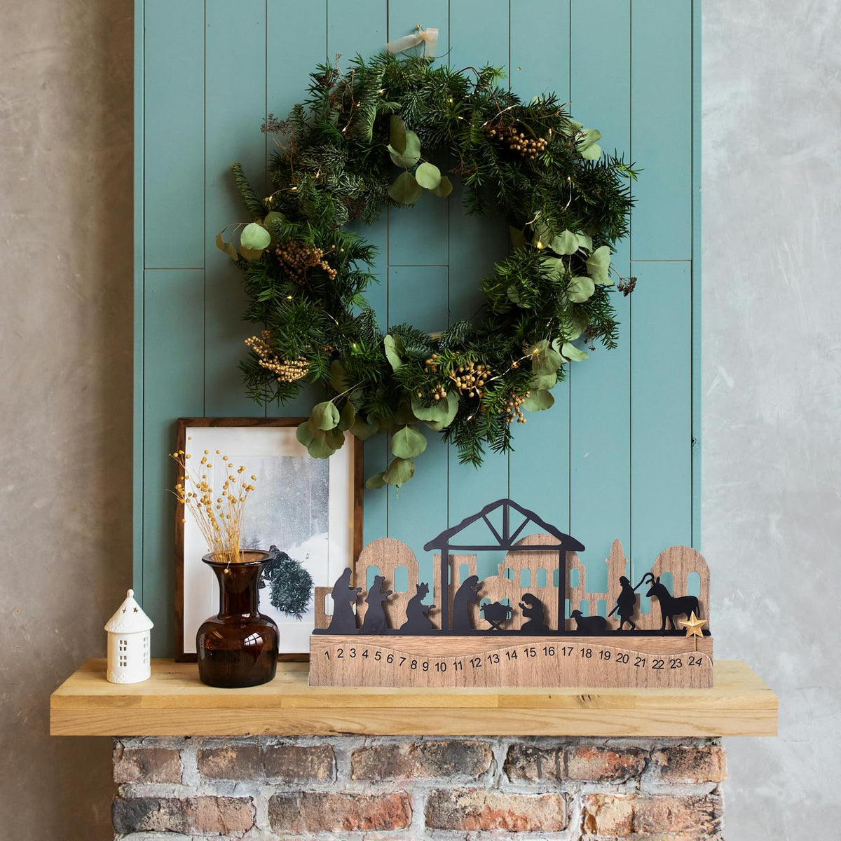 Nativity Sets for Christmas Countdown Calendar, Indoor Rustic Christmas Decor With Wooden Base 3D Design, Xmas Manger Scene for Tabletop Office Shelf Mantel Decoration (Black)