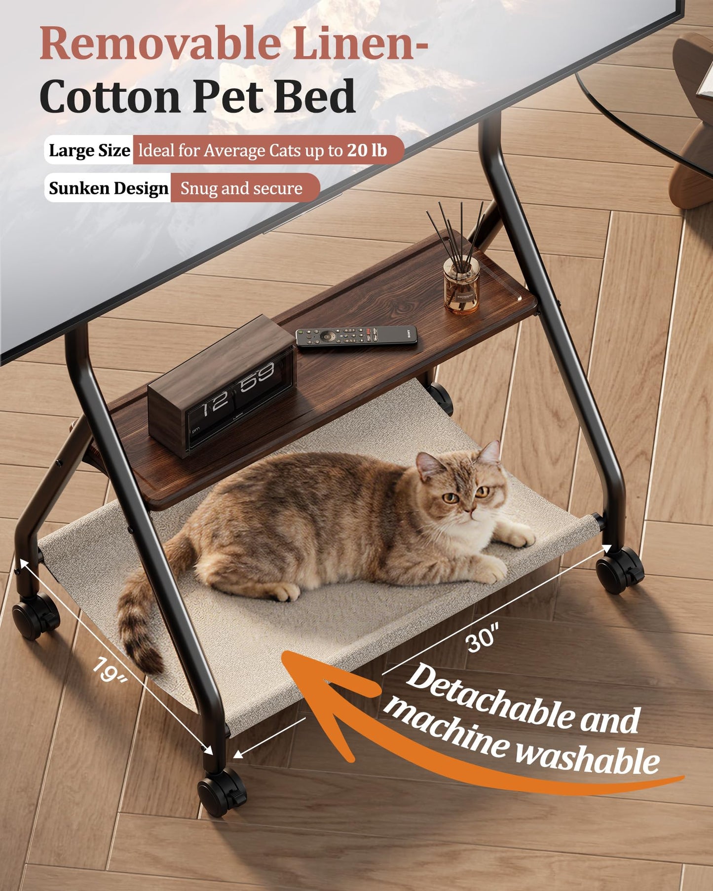 Rolling TV Stand with Cat Hammock for 32–75 Inch LCD LED Flat Curved Screens up to 132 lbs, Mobile TV Cart with Removable Pet Bed, Floor TV Stand with Wheels and Shelves for Living Room (Black)
