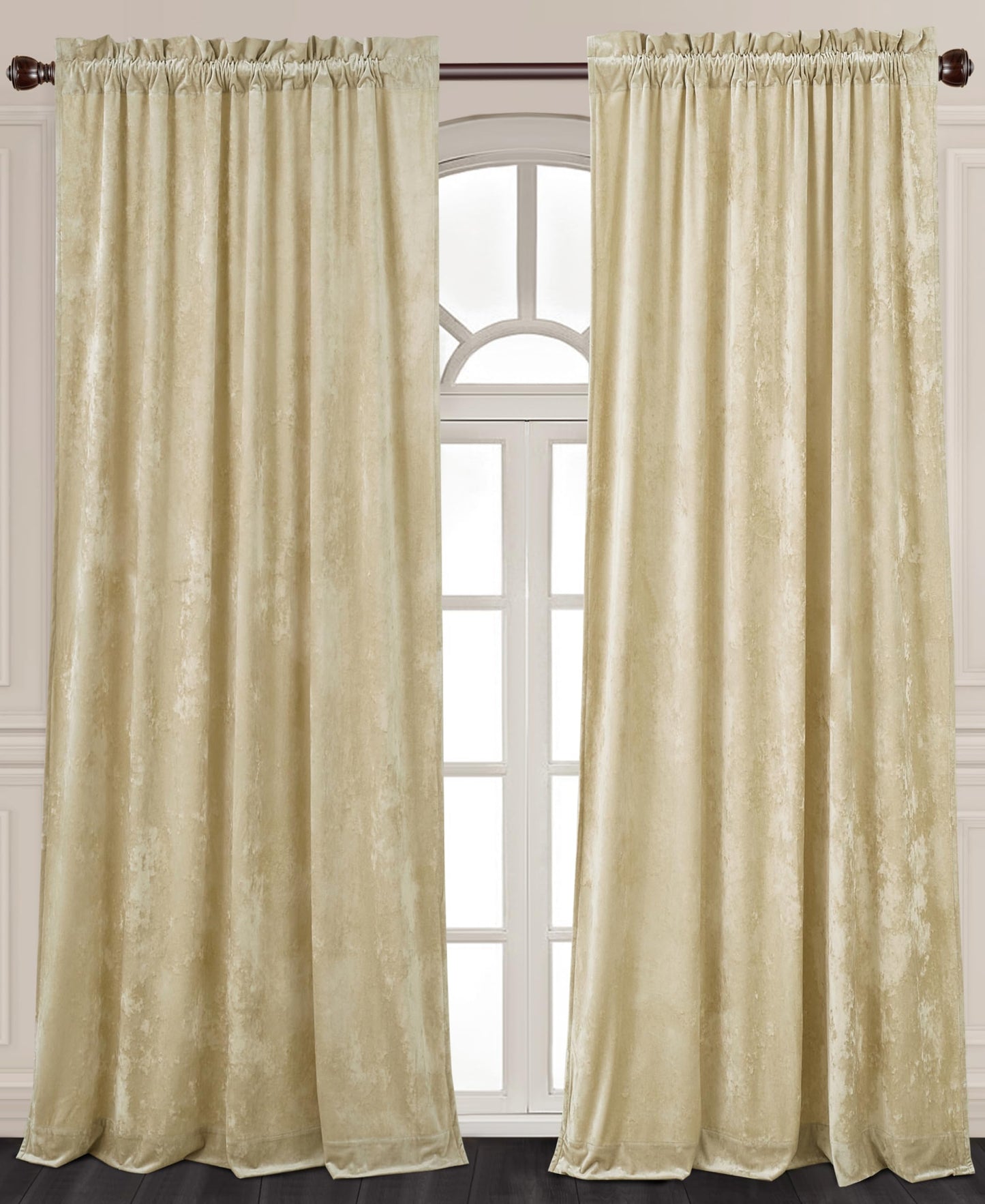 Chezmoi Collection Lux Beige Crushed Velvet Curtains 2 Panel Set - 72 inches Long Room Darkening Luxury Distressed Velvet Rod Pocket Window Drapes for Living Room Bedroom 50" W x 72" L